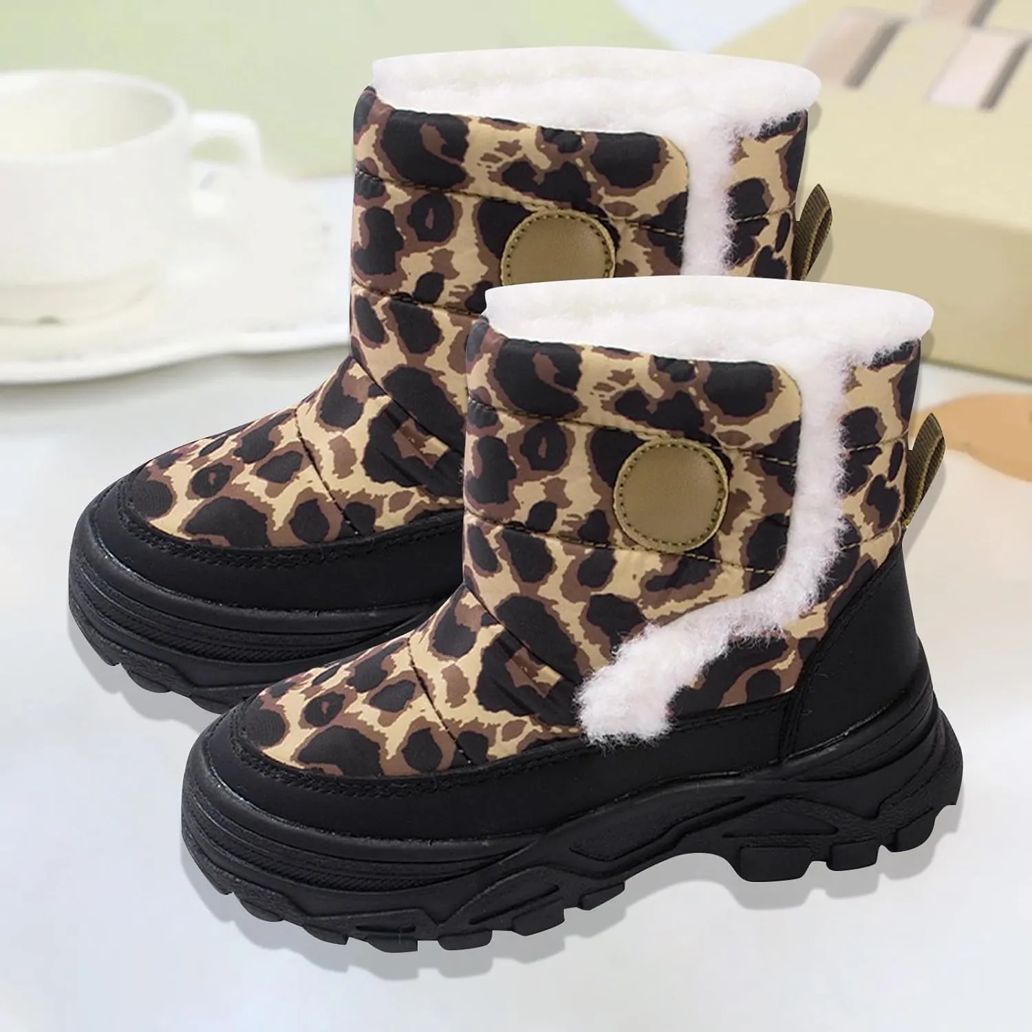 Baby Boys Girls Leopard Winter Warm Cozy Shoes Fleece Snow Boots Toddler Infant Non-Slip Faux Fr Walking Booties
