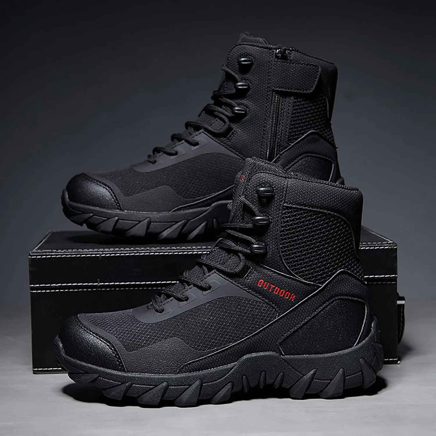 Casual Outdoor Hiking Shoes, Spring and Autumn High Top Waterproof Zipper Tactical Boots for Men, for Men's Field Training Tactical Camping Training Boots