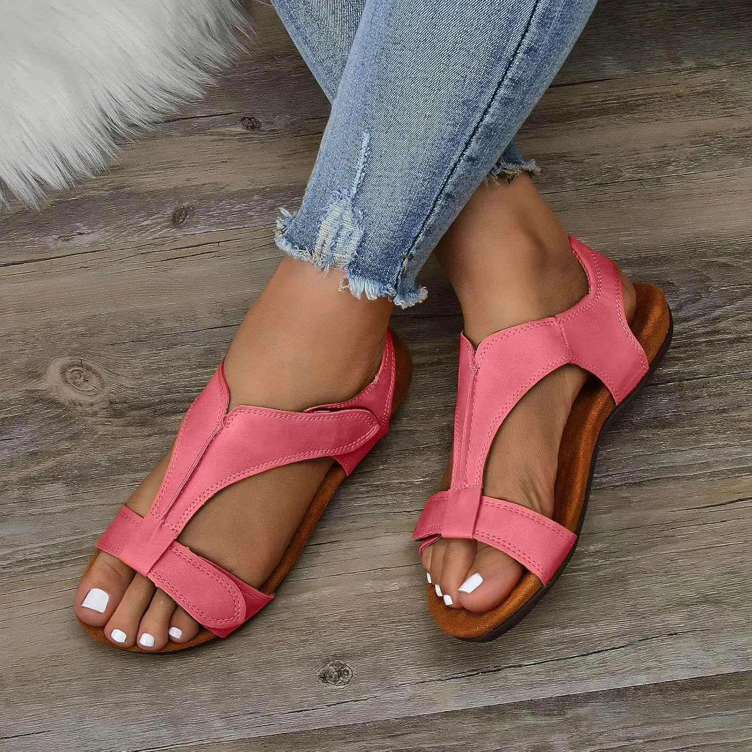 Cathalem Orthopedic Sandals for Women 2024 Comfy Orthotic Sandals Womens Arch Support Flat Sandals Flat Casual Beach Sandals