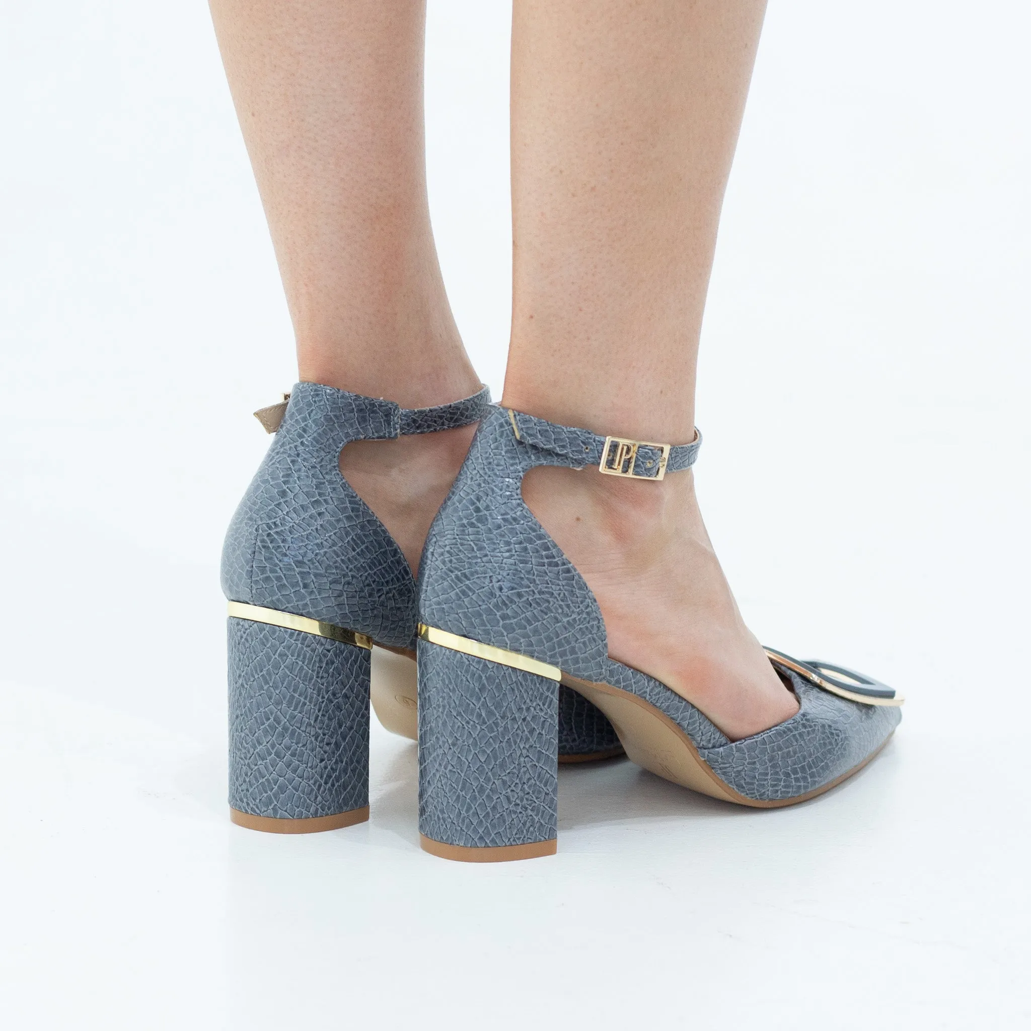 Chakrika snake skin open waist pointy with sqr trim on 8cm heel blue