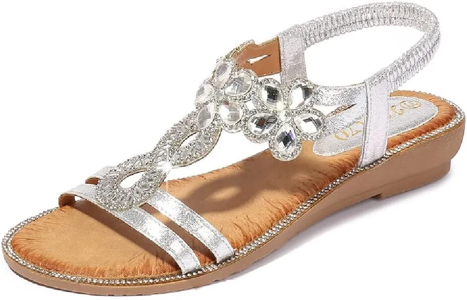 DKCHENH Rhinestone Sandals for Women Flat - Trendy Sparkling Boho Ladies' Flat Sandals,Beautiful Sparkling Boho Ladies' Flat Sandals for Summer.