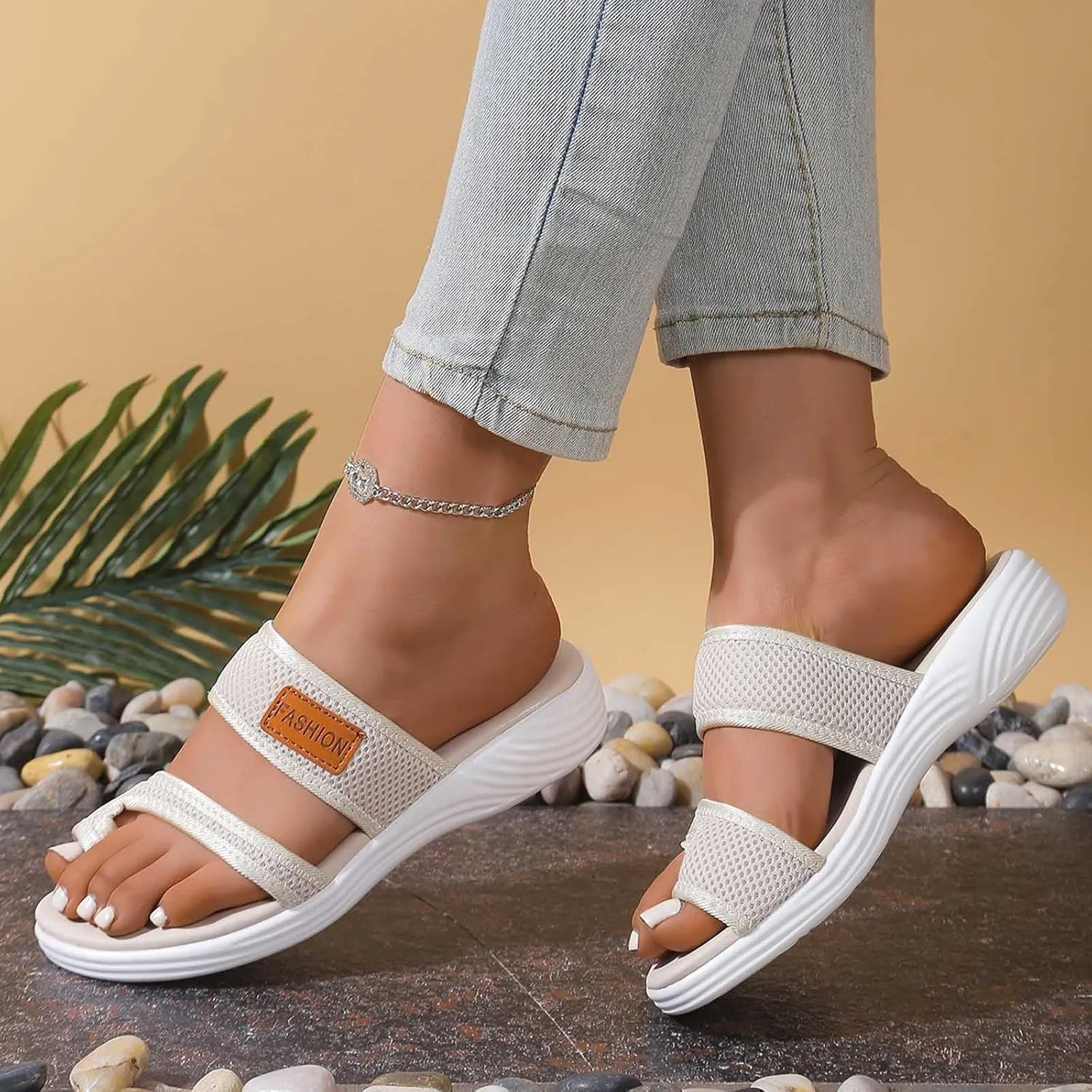 Dressy Summer 2025 Trendy Sandals for Women Beach Slip On Mesh Slide Sandals with Arch Support Comfortable Orthopedic Shoes