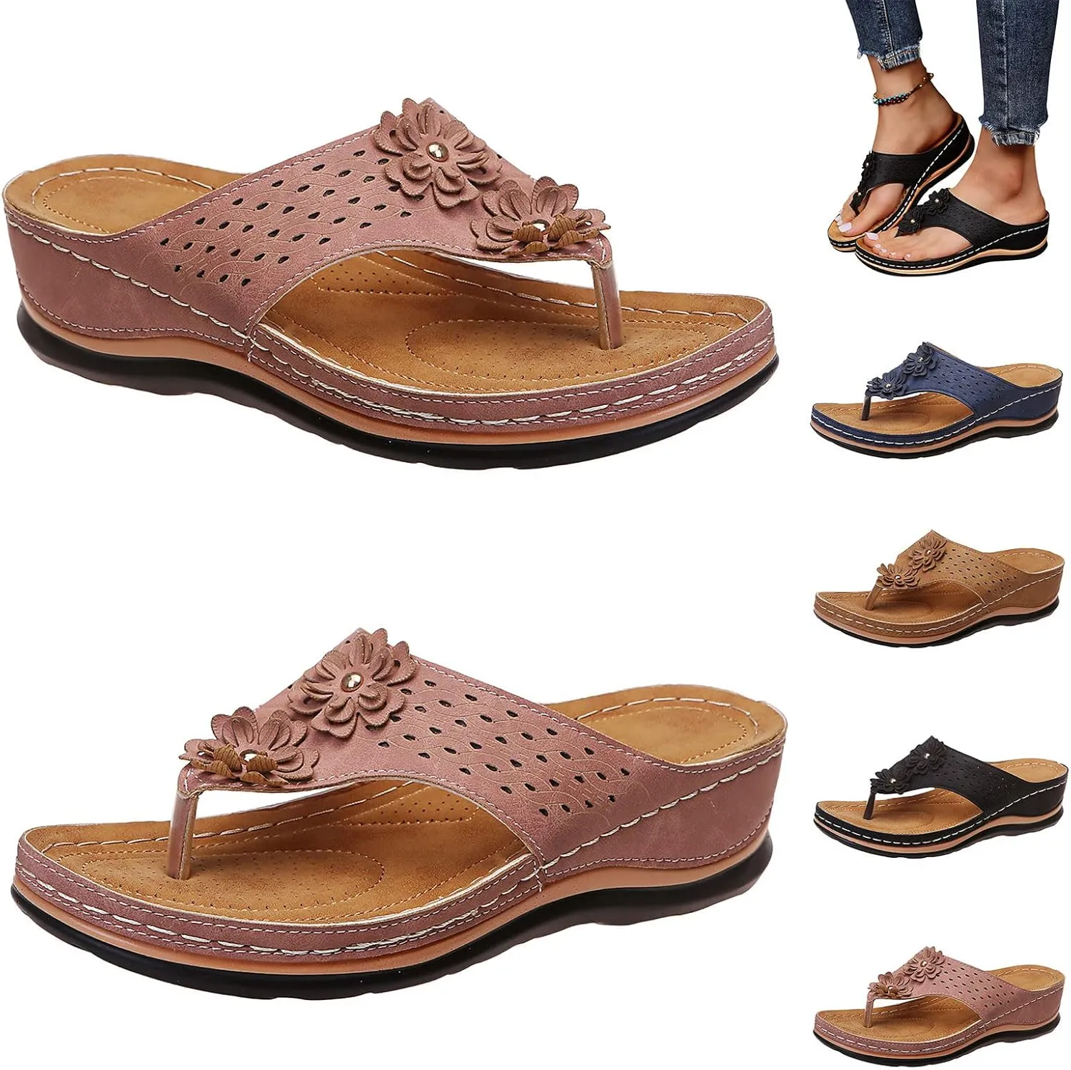 Eduavar Platform Sandals Women Casual Beach Walking Shoes Orthopedic Arch Support Flip Flop Comfortable Wedge Slides Slippers