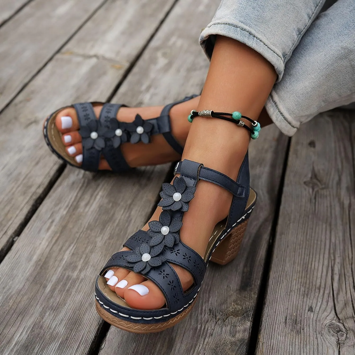 Eduavar Sandals for Women 2025 Fashion Flower Open Toe Dress Pump Shoes Fashion Block Heel Strappy Buckle Heeled Sandals