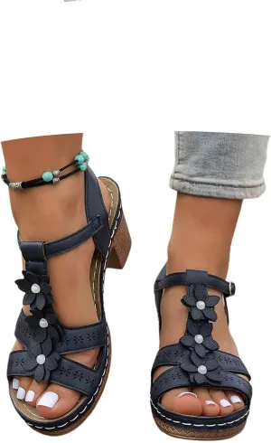 Eduavar Sandals for Women 2025 Fashion Flower Open Toe Dress Pump Shoes Fashion Block Heel Strappy Buckle Heeled Sandals