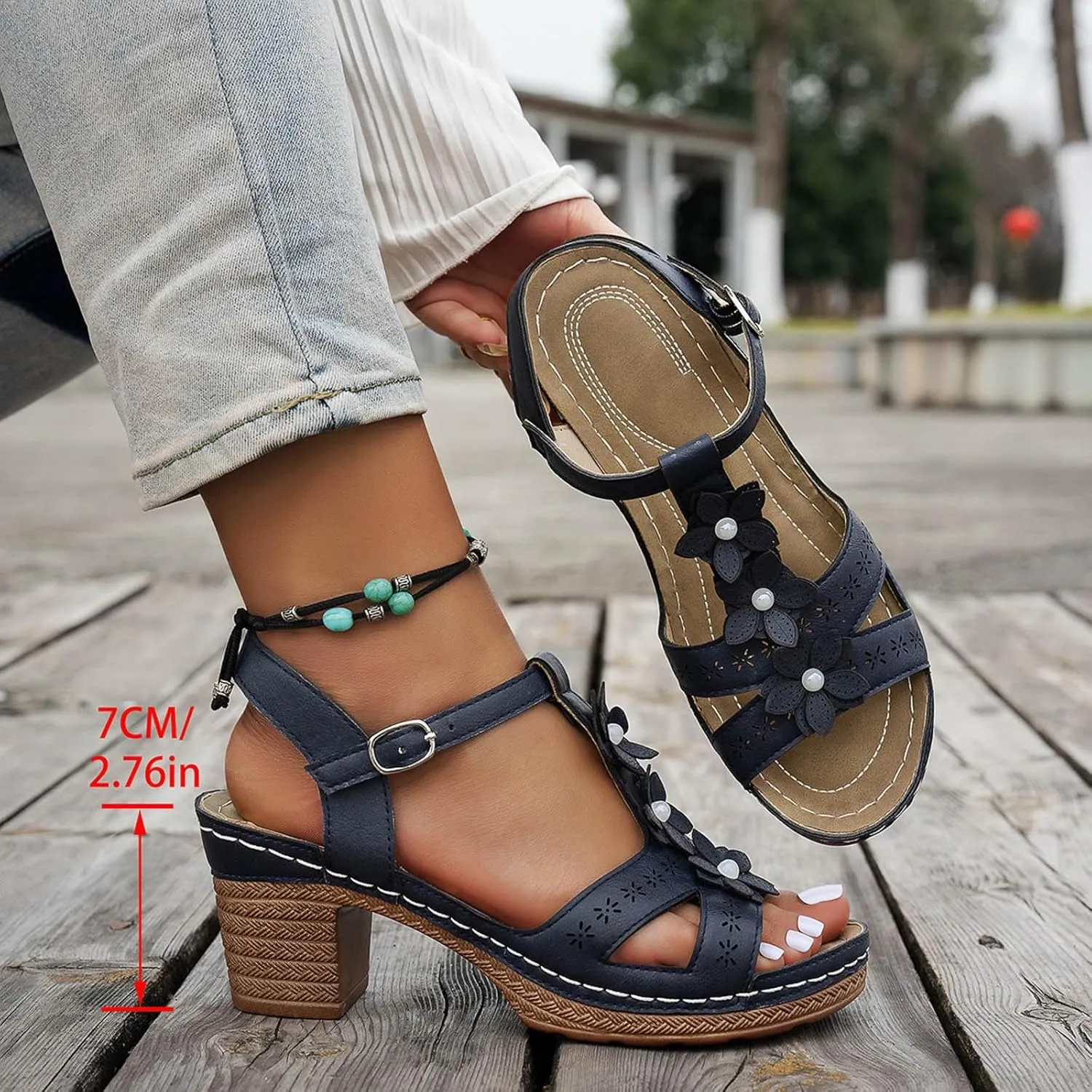 Eduavar Sandals for Women 2025 Fashion Flower Open Toe Dress Pump Shoes Fashion Block Heel Strappy Buckle Heeled Sandals