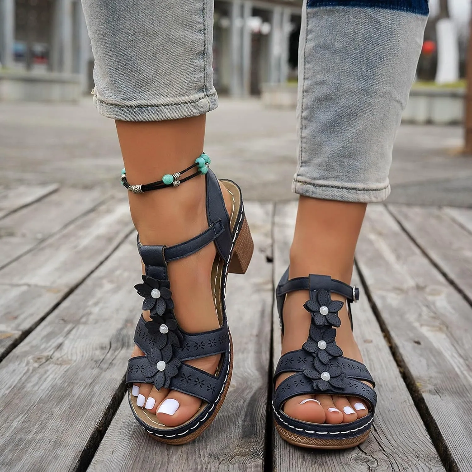 Eduavar Sandals for Women 2025 Fashion Flower Open Toe Dress Pump Shoes Fashion Block Heel Strappy Buckle Heeled Sandals