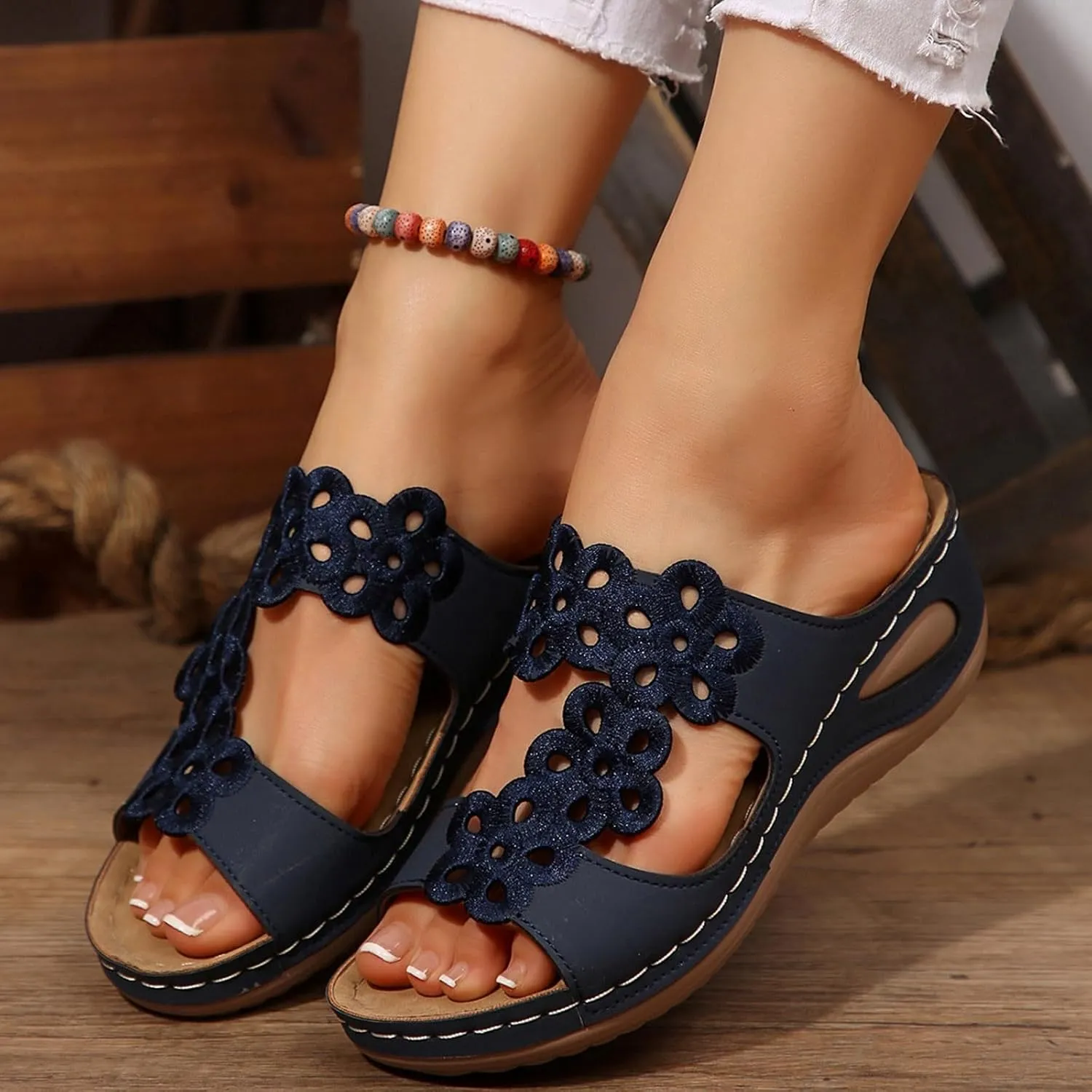 Eduavar Sandals for Women 2025 Slip On Comfortable Orthopedic Slide Slippers Lady Walking Platform Sandals with Arch Support