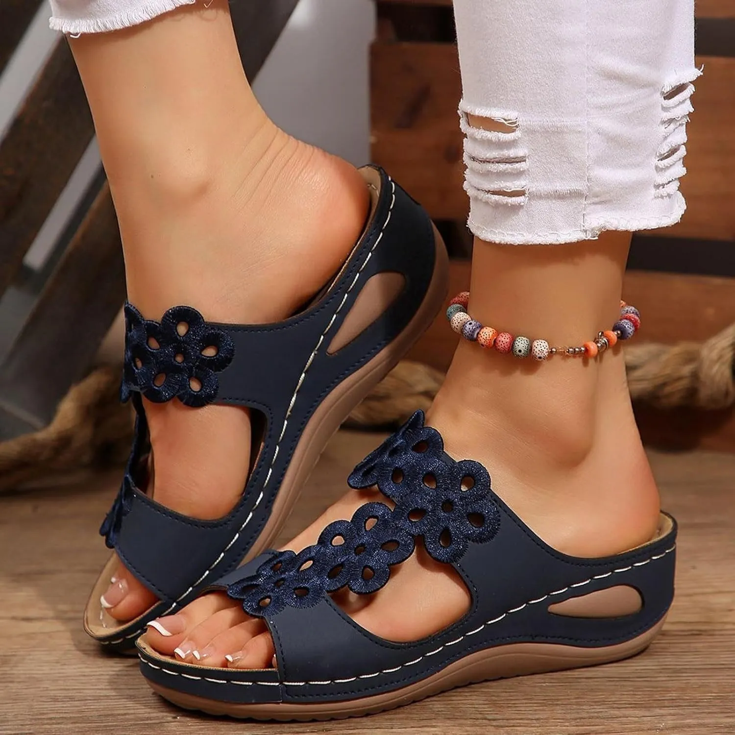 Eduavar Sandals for Women 2025 Slip On Comfortable Orthopedic Slide Slippers Lady Walking Platform Sandals with Arch Support