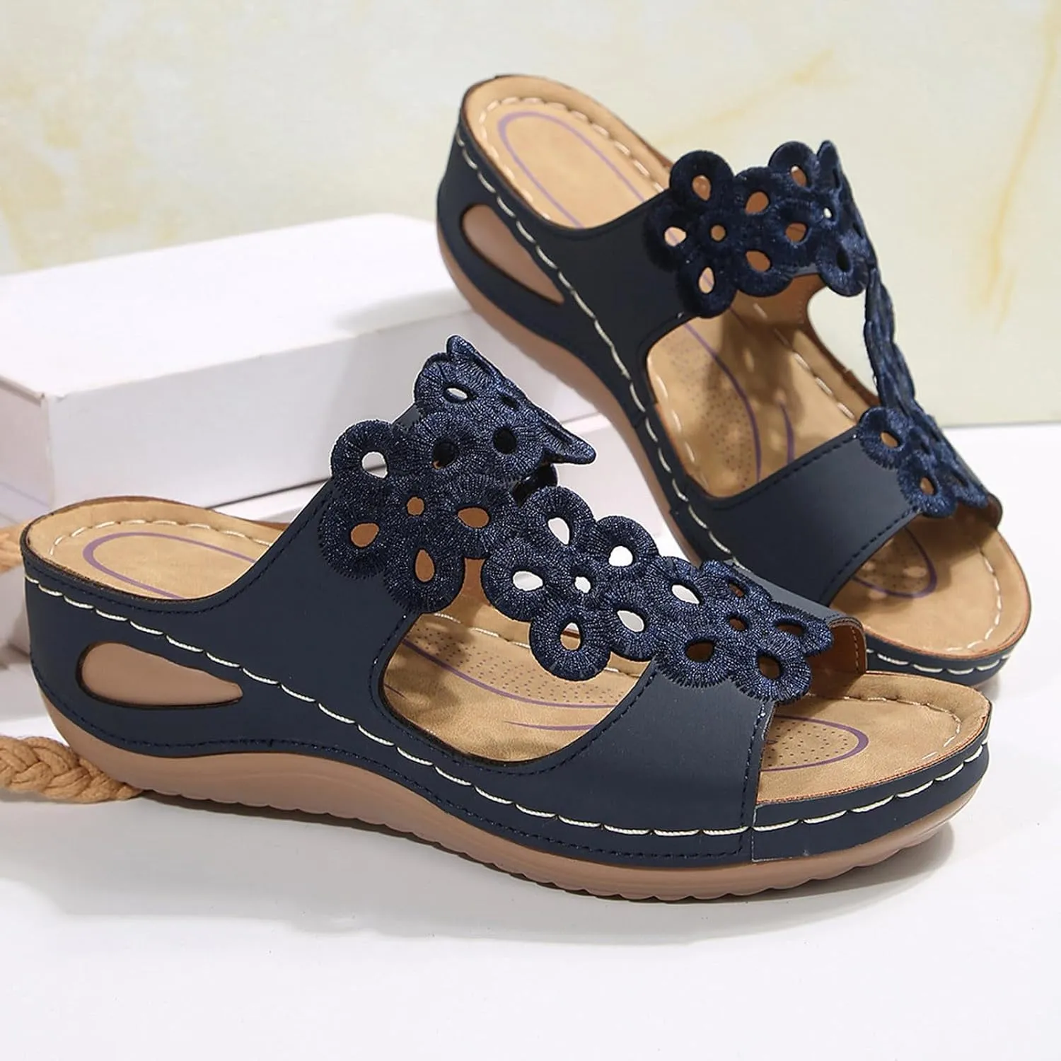 Eduavar Sandals for Women 2025 Slip On Comfortable Orthopedic Slide Slippers Lady Walking Platform Sandals with Arch Support