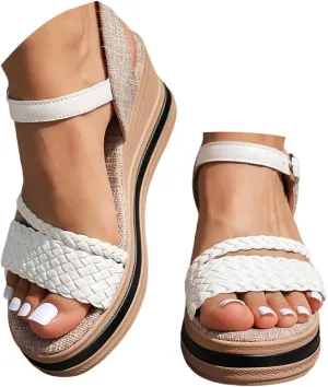 Eduavar Sandals for Women Casual Dressy Arch Support Open Toe Platform Sandals Fashion Buckle Ankle Strap Wedge Heels Shoes