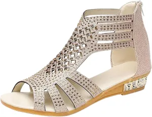 Eduavar Sandals for Women Casual Summer, Beach Sandals for Women Summer Gladiator Sandals Rhinestone Zip Up Low Wedge Sandals
