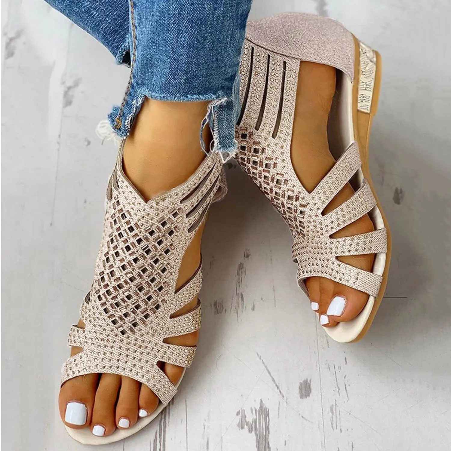 Eduavar Sandals for Women Casual Summer, Beach Sandals for Women Summer Gladiator Sandals Rhinestone Zip Up Low Wedge Sandals