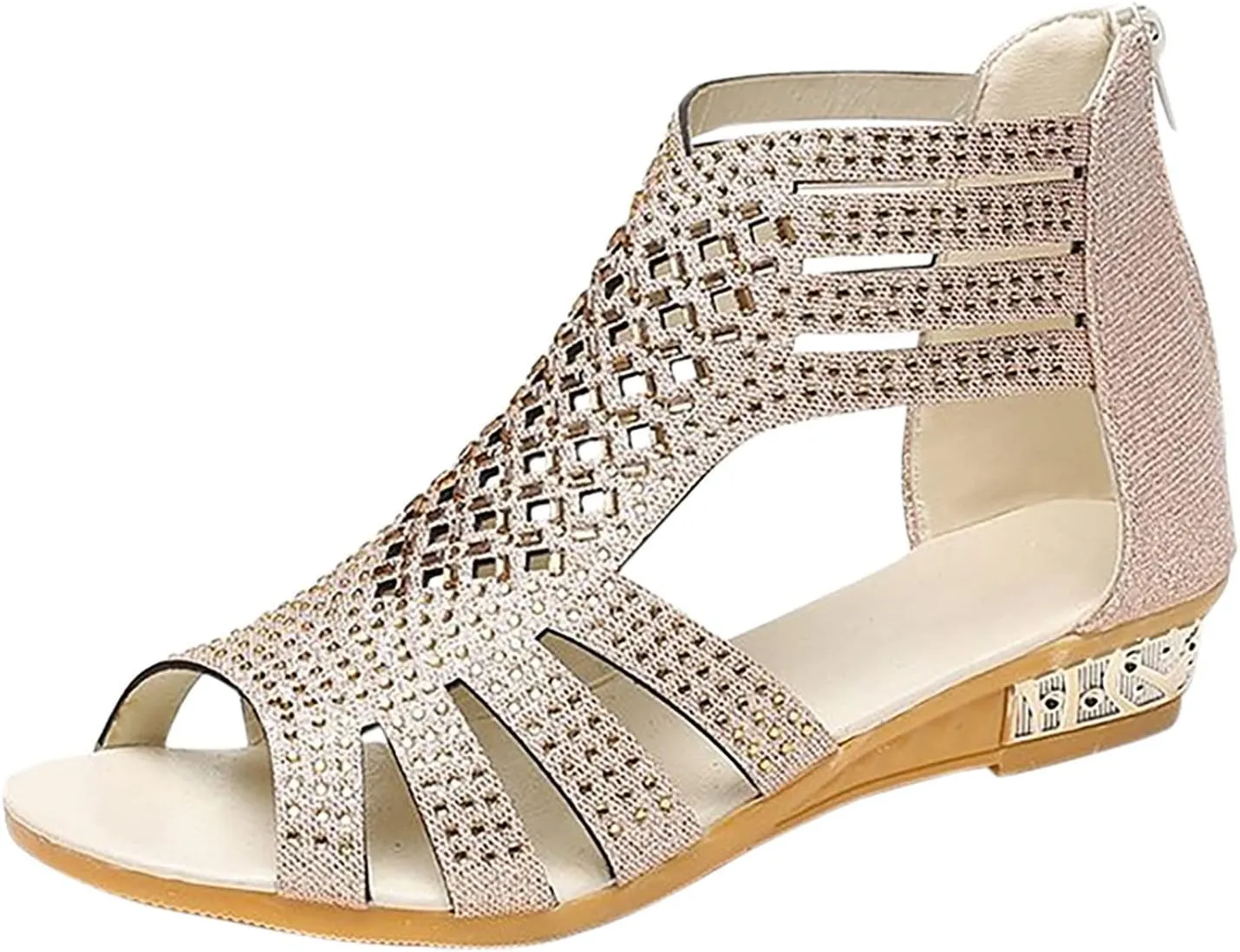 Eduavar Sandals for Women Casual Summer, Beach Sandals for Women Summer Gladiator Sandals Rhinestone Zip Up Low Wedge Sandals
