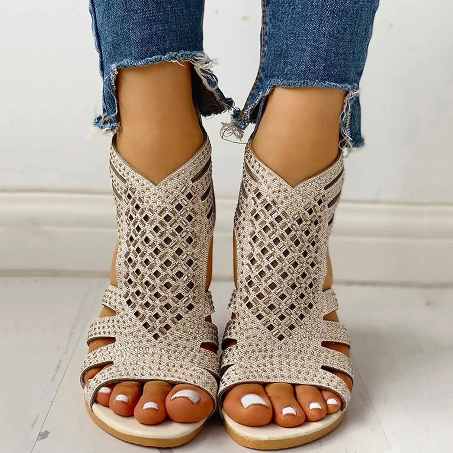 Eduavar Sandals for Women Casual Summer, Beach Sandals for Women Summer Gladiator Sandals Rhinestone Zip Up Low Wedge Sandals