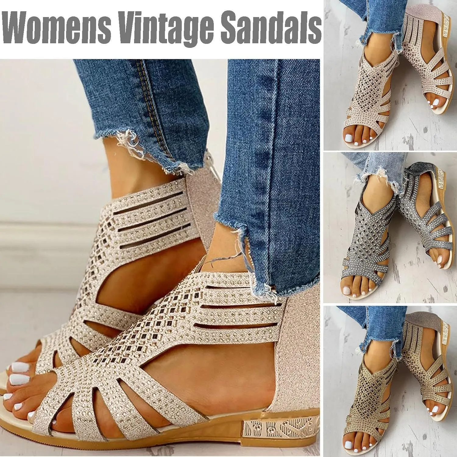 Eduavar Sandals for Women Dressy Summer, Rhinestone Sandals for Women Breathable Low Wedge Crystal Sandals Zip Up Sandals