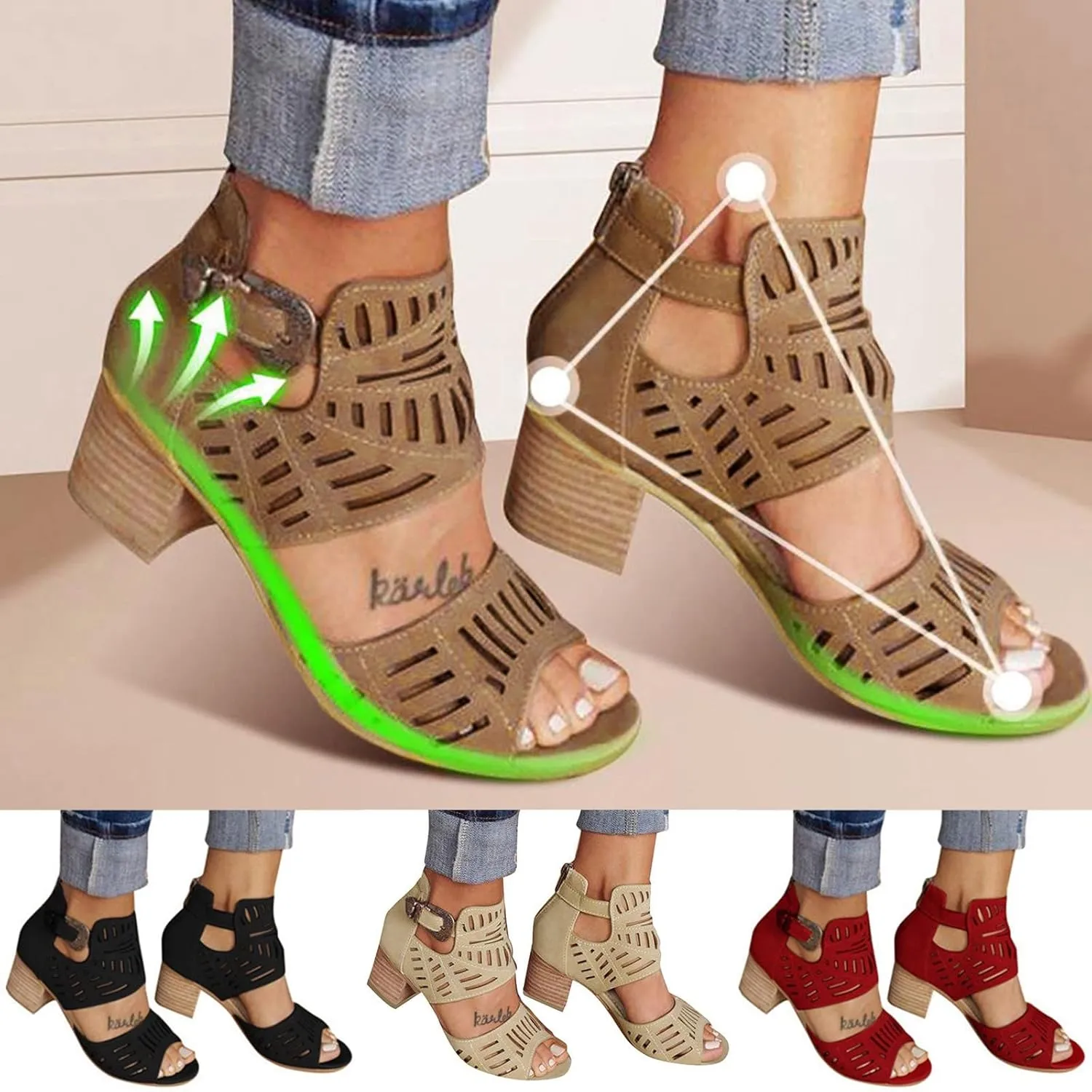 Eduavar Sandals Women, Sandals Women Summer Breathable Hollow Out Low Heel Sandals with Buckle Ankle Strap