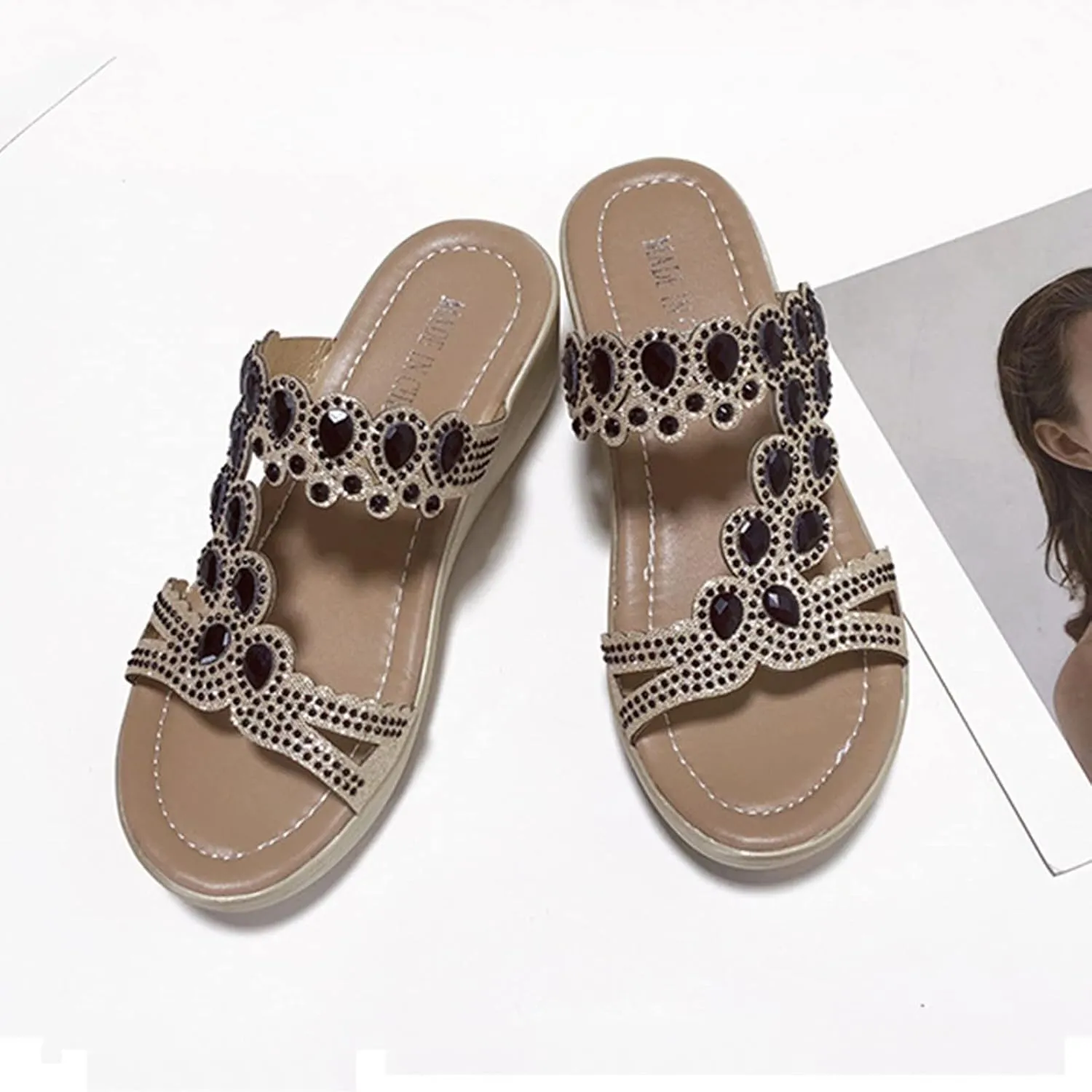 Eduavar Shoes for Women Sandals Dressy, Sandals for Women Dressy Summer Wedge Platform Sandals Peep Toe Crystal Sandals