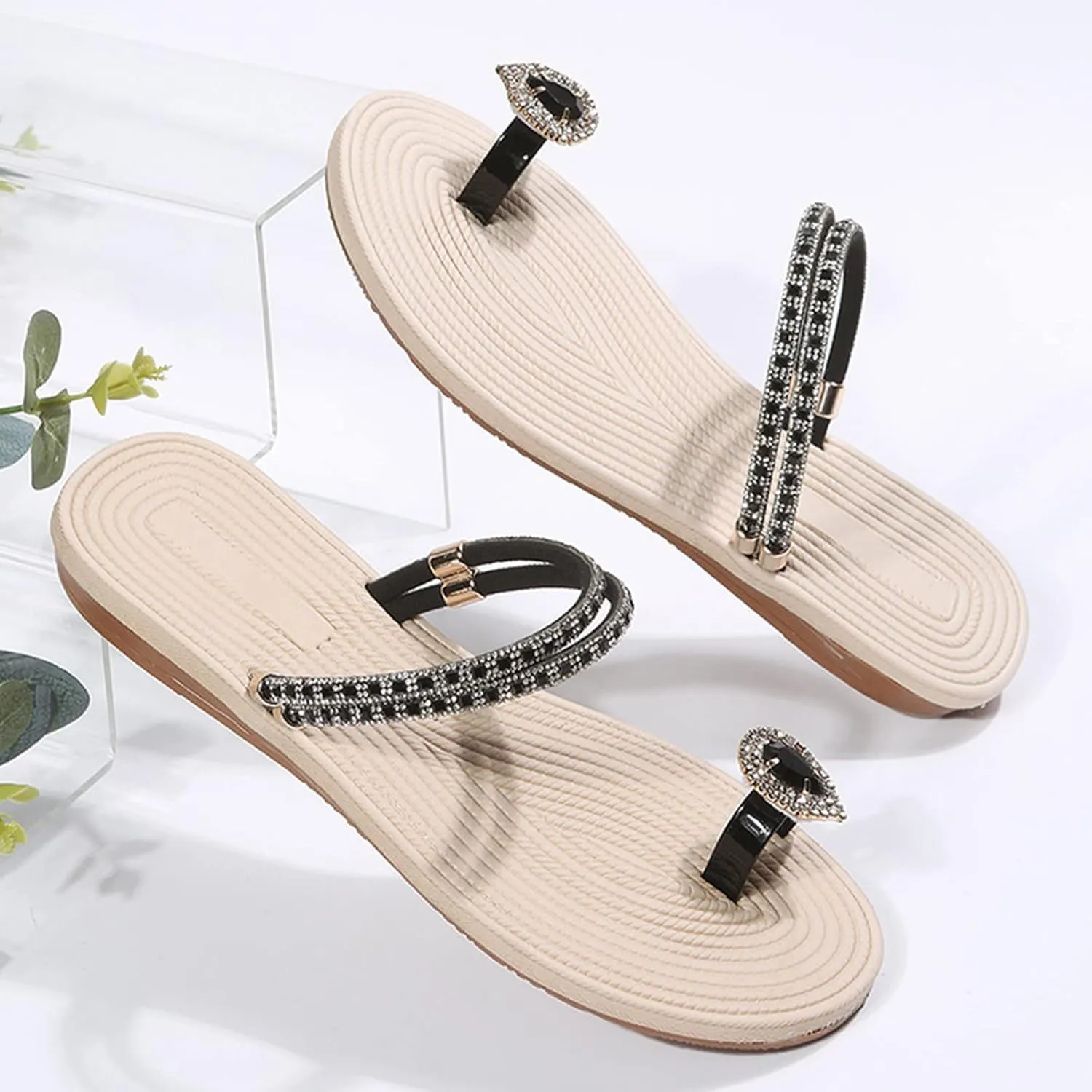 Eduavar Summer Sandals for Women 2023, Orthopedic Sandals for Women Rhinestone Flat Sandals Comfortable Ring Toe Slippers