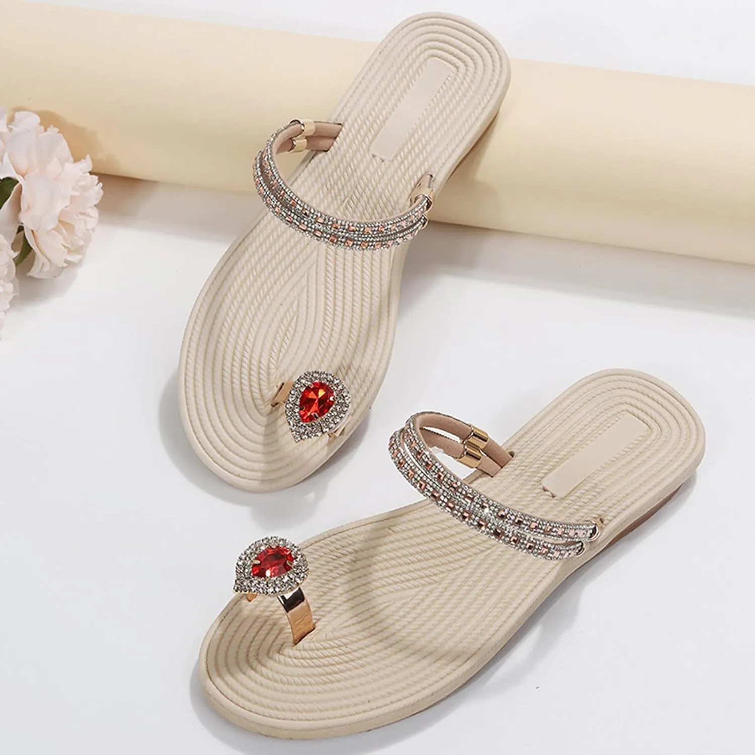 Eduavar Summer Sandals for Women 2023, Orthopedic Sandals for Women Rhinestone Flat Sandals Comfortable Ring Toe Slippers
