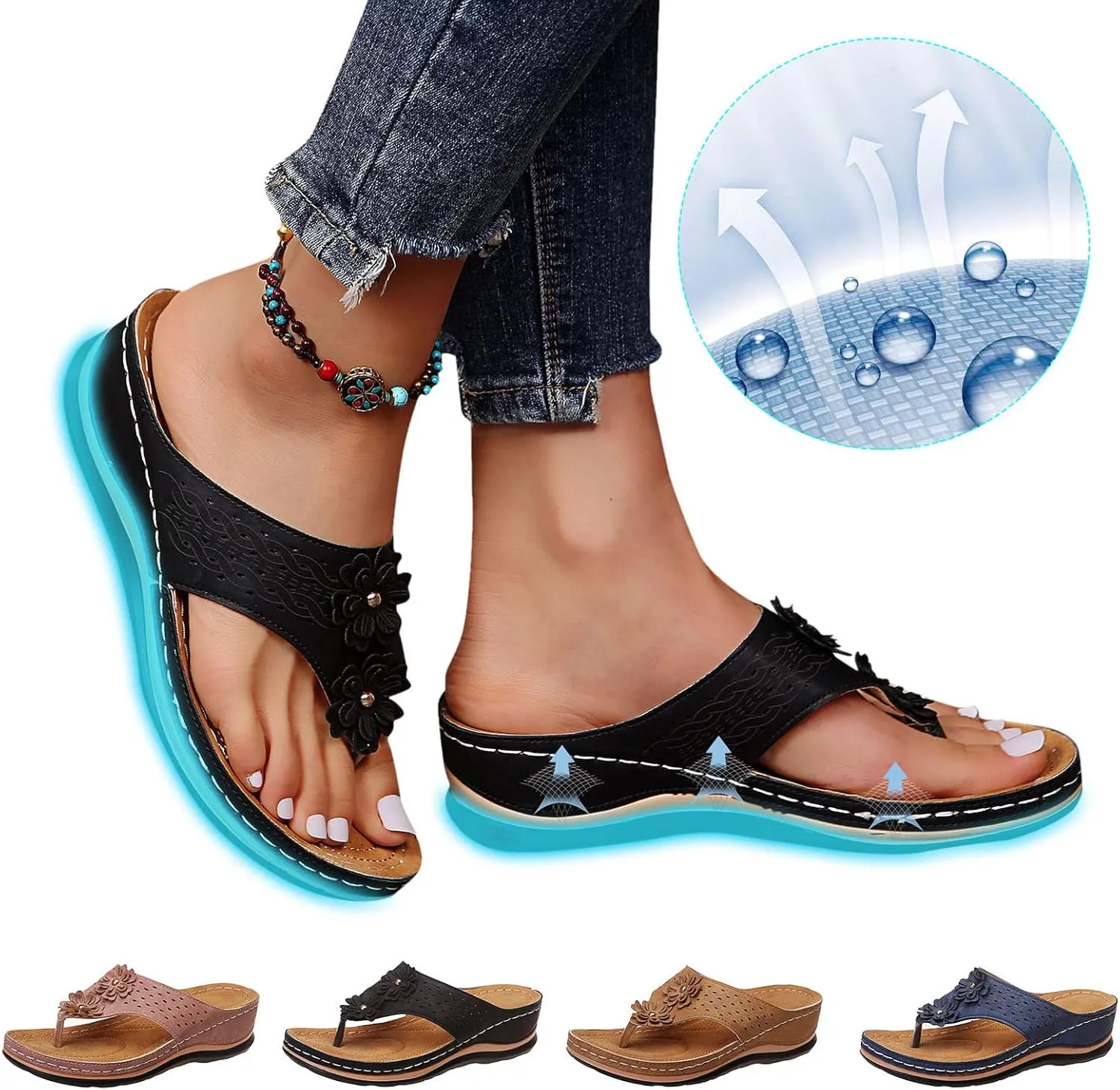 Eduavar Wedge Sandals for Women, Orthopedic Sandals for Women Arch Support Open Toe Flip Flops Sandals Summer Beach Sandals