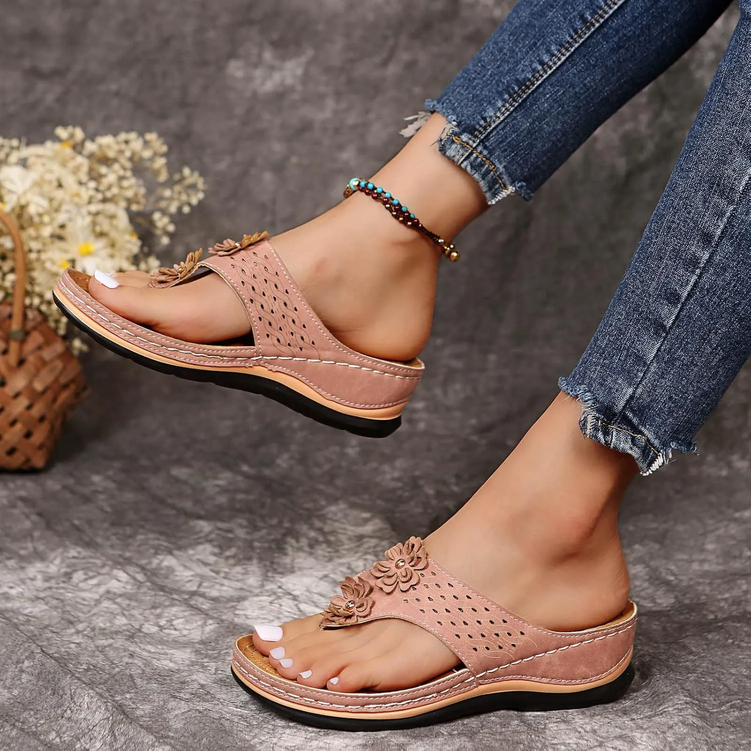 Eduavar Wedge Sandals for Women, Orthopedic Sandals for Women Arch Support Open Toe Flip Flops Sandals Summer Beach Sandals