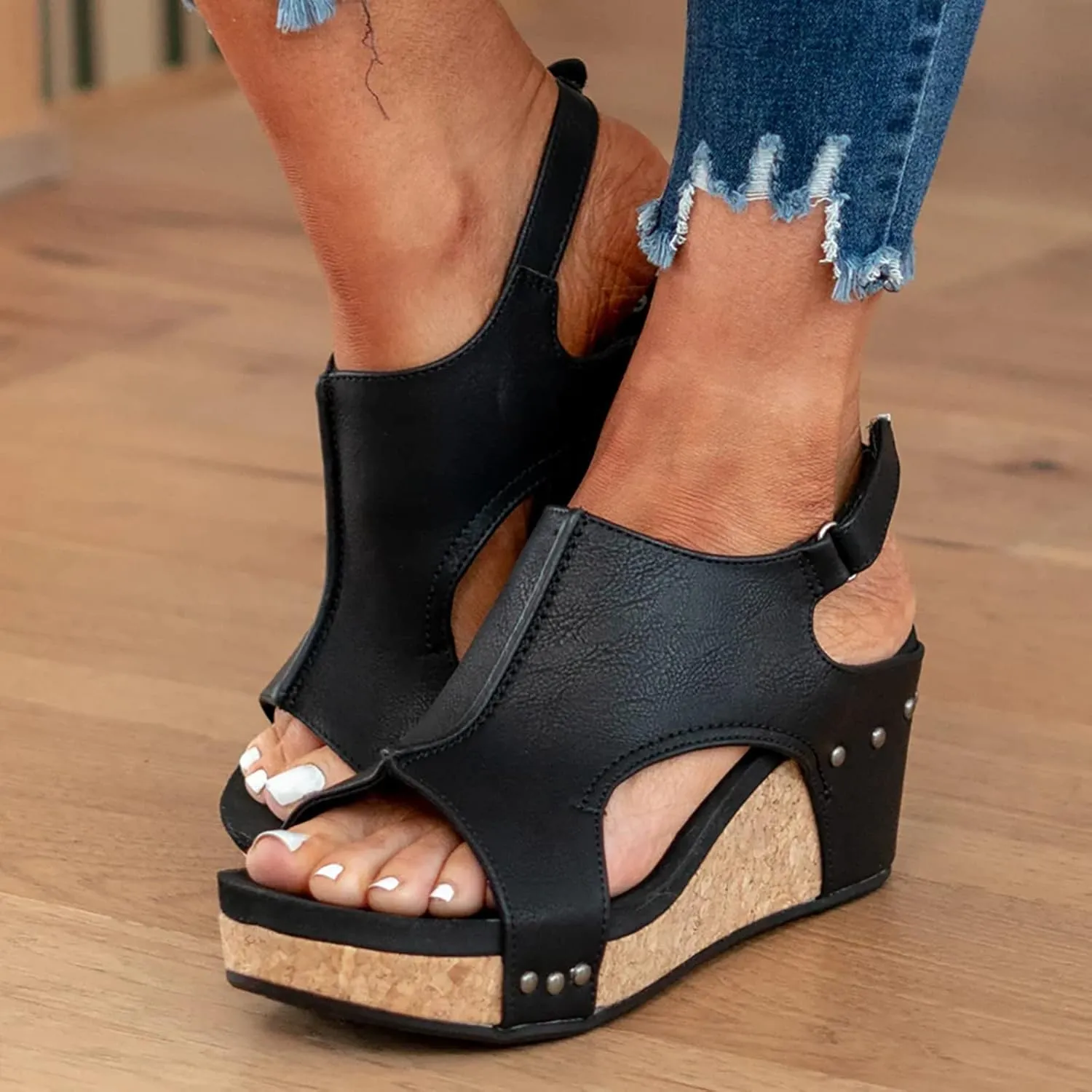 Eduavar Wedge Sandals for Women, Womens Sandals Summer Beach Sandals Floral Shoes Casual Ring Toe Flat Sandals