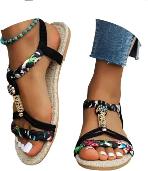 Eduavar Womens Sandals Arch Support Bohemian Comfort Dressy Rhinestone Summer Beach Flat Shoes Slip-on Ankle Strap Sandals