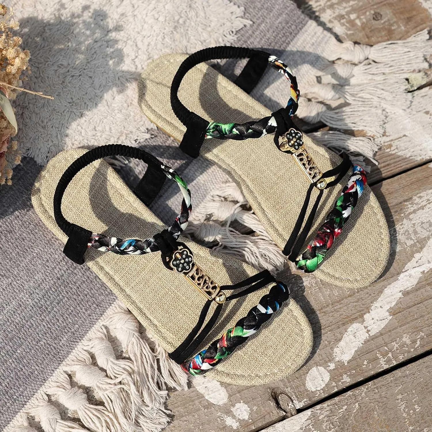 Eduavar Womens Sandals Arch Support Bohemian Comfort Dressy Rhinestone Summer Beach Flat Shoes Slip-on Ankle Strap Sandals