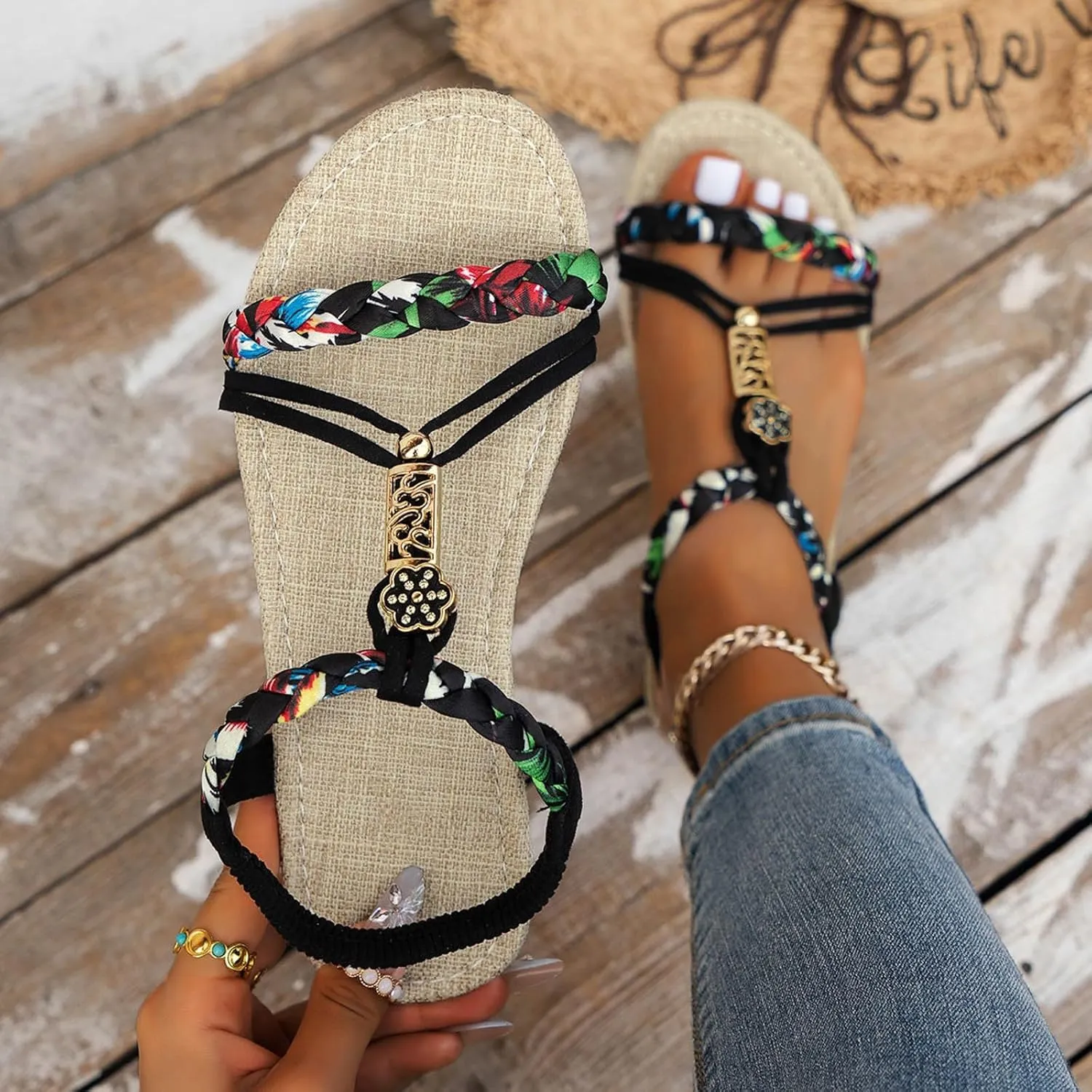 Eduavar Womens Sandals Arch Support Bohemian Comfort Dressy Rhinestone Summer Beach Flat Shoes Slip-on Ankle Strap Sandals