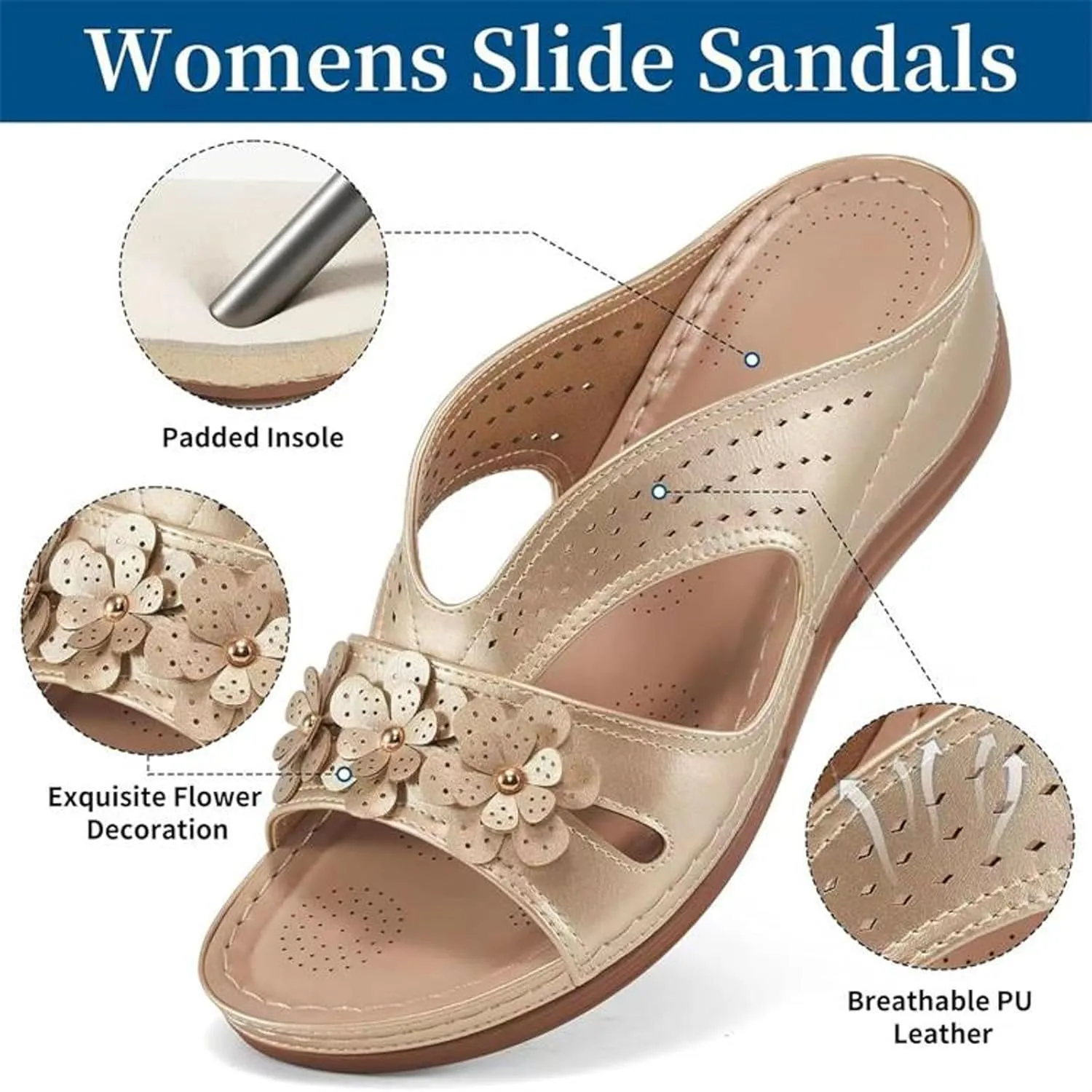 Eduavar Womens Sandals Orthopedic Slide Flat with Arch Support Lightweight Soft Comfort Summer Beach Slip On Walking Slippers