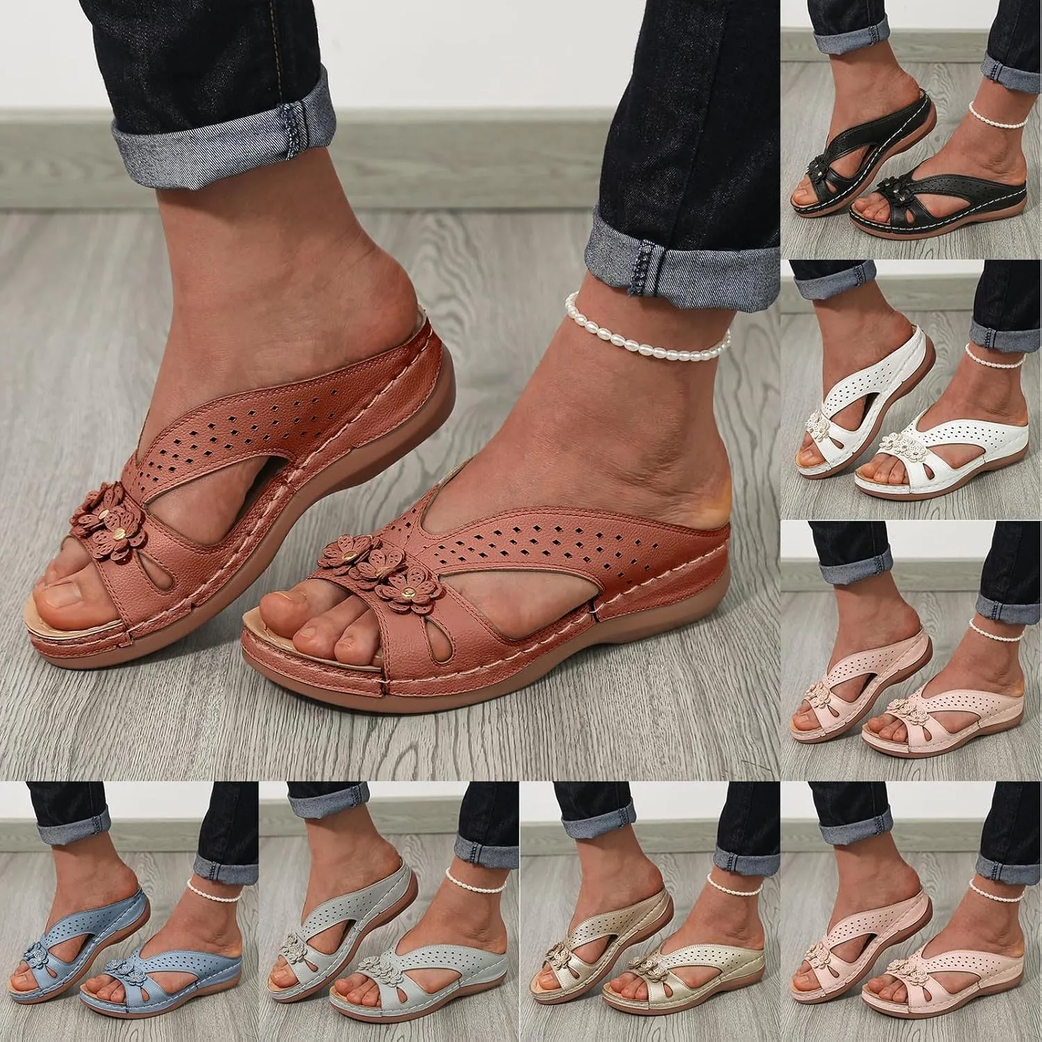 Eduavar Womens Sandals Orthopedic Slide Flat with Arch Support Lightweight Soft Comfort Summer Beach Slip On Walking Slippers