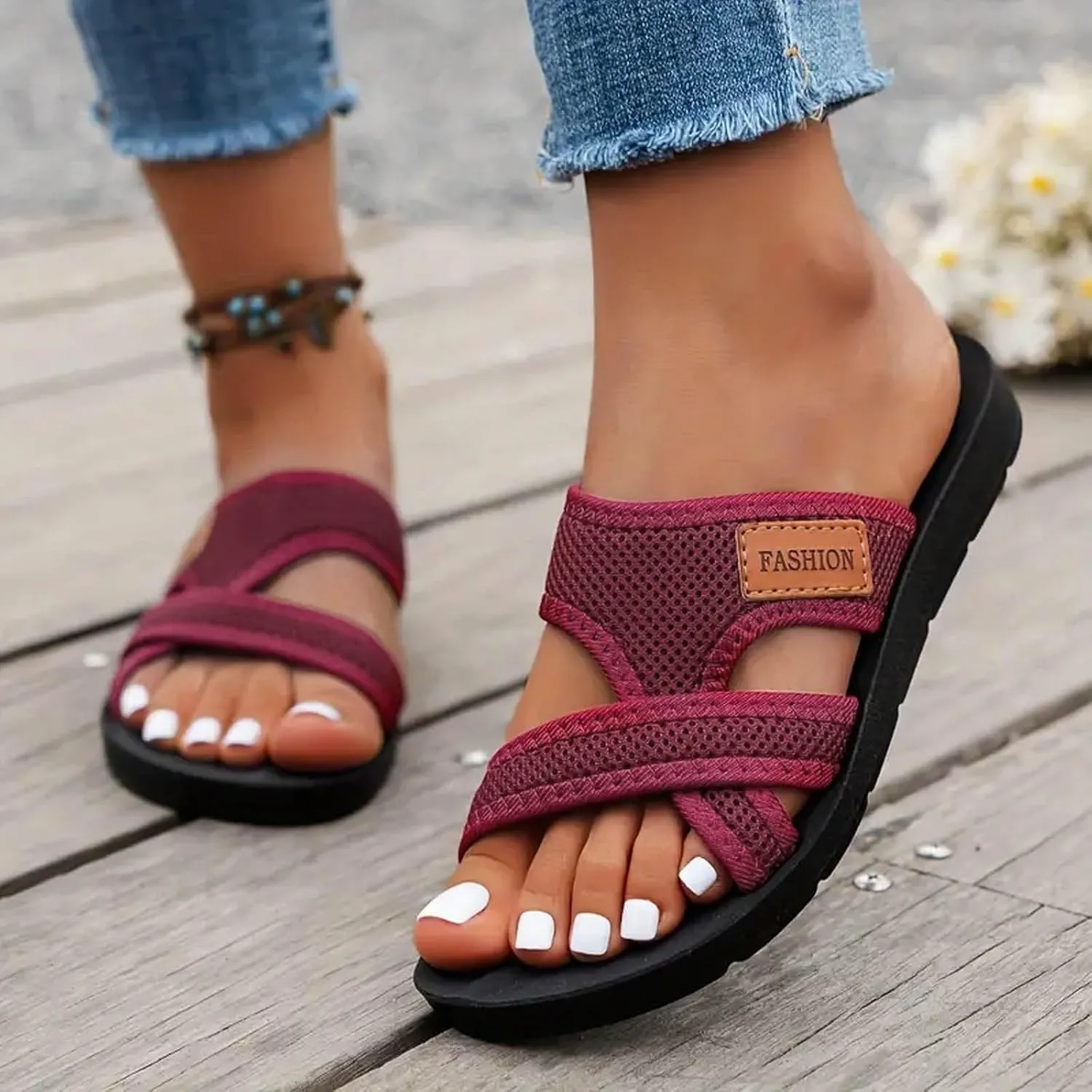 Eduavar Womens Sandals Summer Fashion 2025 Wide Beach Breathable Comfortable Mesh Hollow Mesh Slide Sandls Orthopedic Shoes