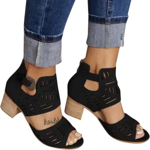 Eduavar Womens Wedge Sandals, Orthopedic Sandals for Women Leather Peep Toe Cutout Zipper Chunky Heeled Sandals