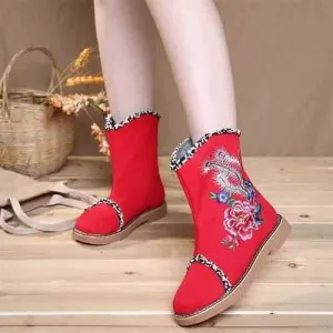 Embroidered Flower Warm Fur Lining Folkways Mid Calf Flat Boots