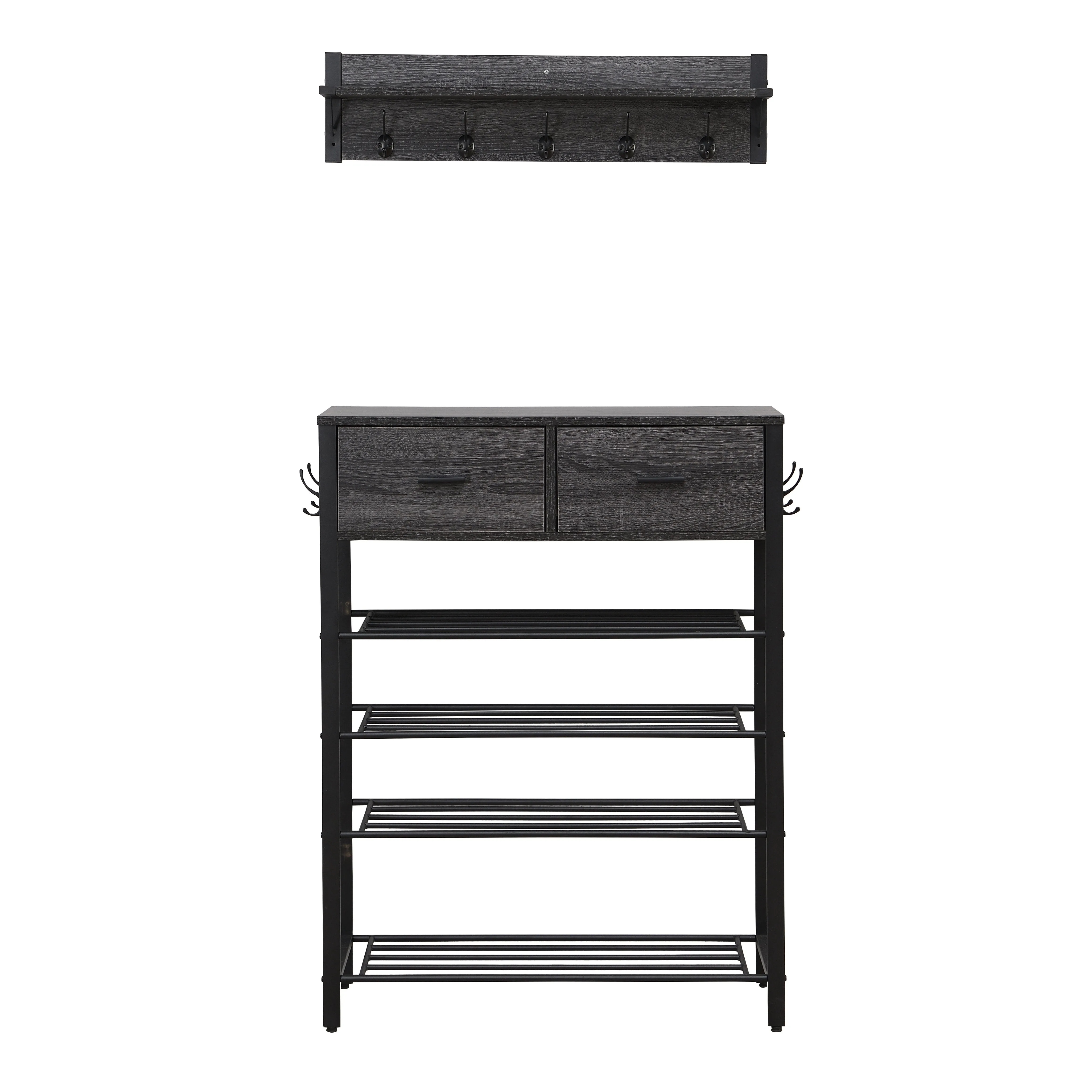 Entryway 4-Tier Shoe Shelf With Two Drawers And Coat Rack, One Set Entryway Show Rack With Storage And Hooks