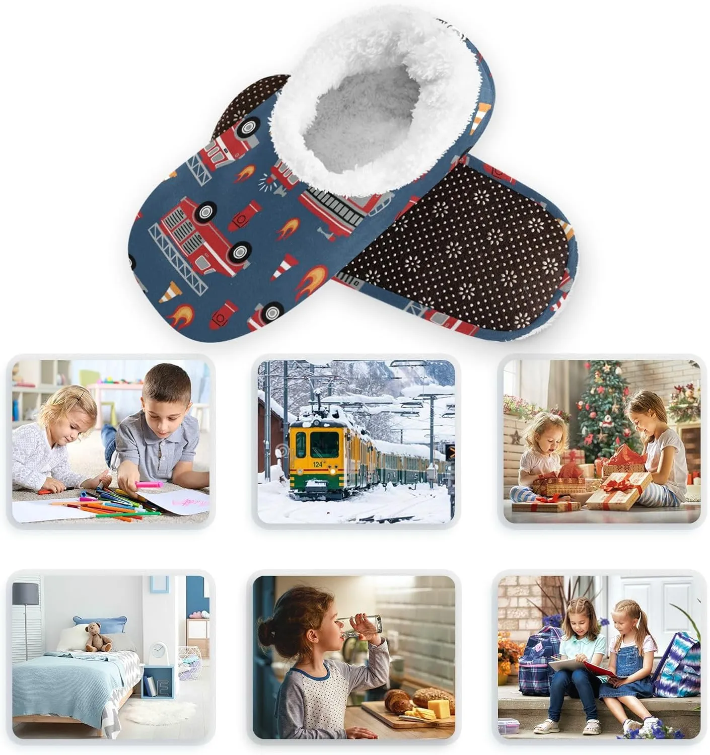Fire Trucks Kids House Slippers Firefighter Boys Closed Back Fuzzy Feet Slippers Girls Coral Fleece Slipper Socks No Skid Warm Cozy Home Slippers For Indoor Outdoor Winter Bedroom XS