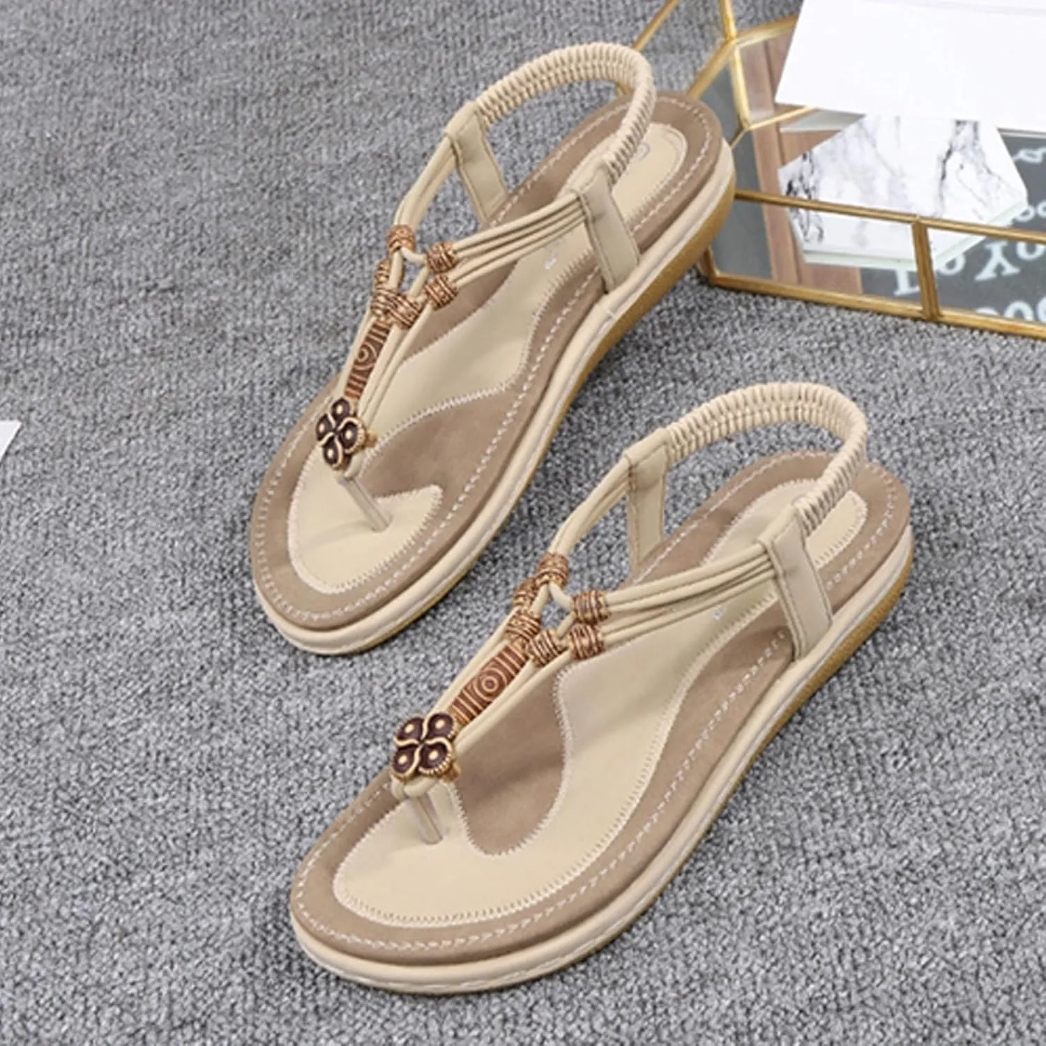 Flat Sandals for Women Dressy Fashion Comfortable Summer Beach Walking Bohemian Casual Sandals with Elastic Strap Shoes