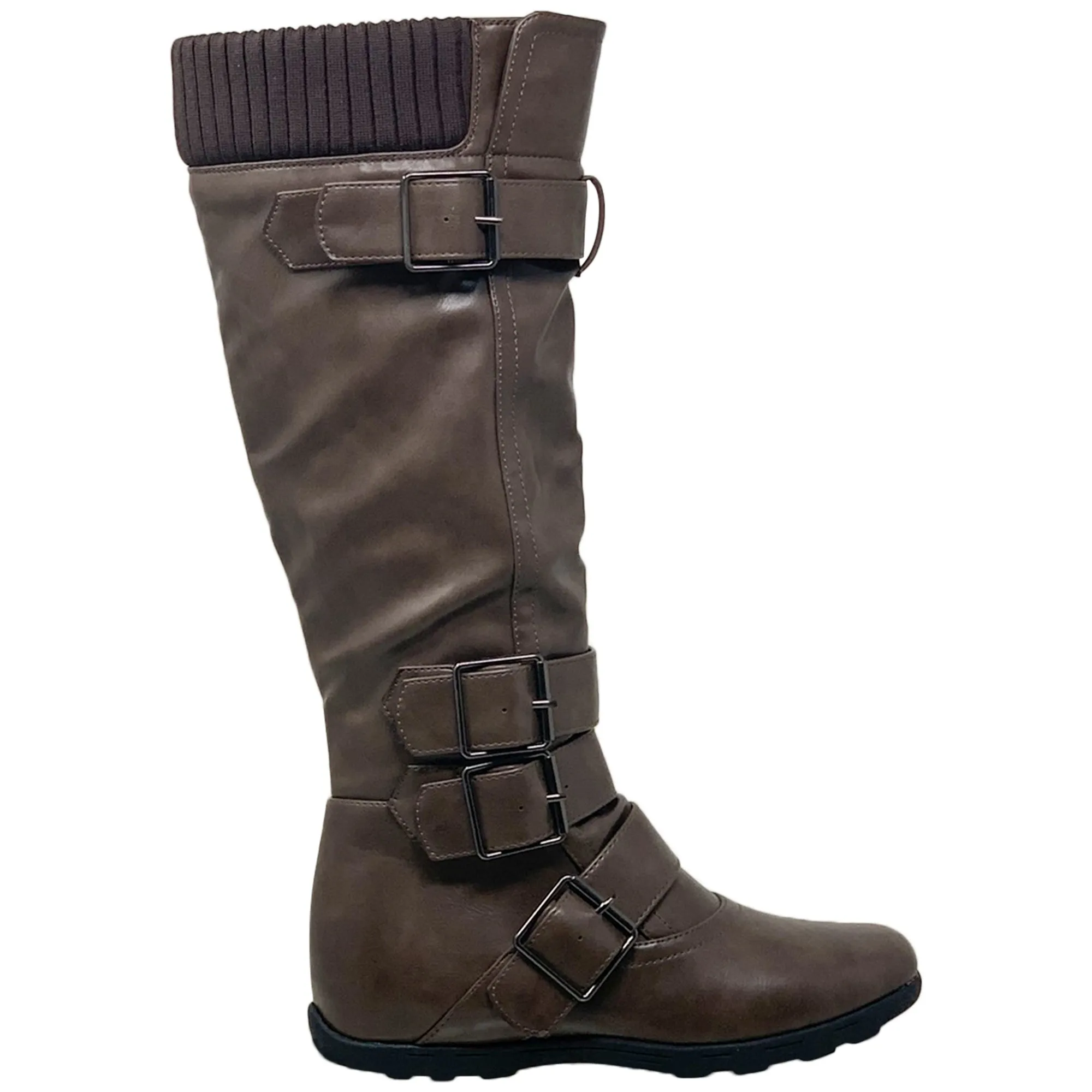 Generation Y Women's Knee High Boots Strappy Buckles Combat Taupe