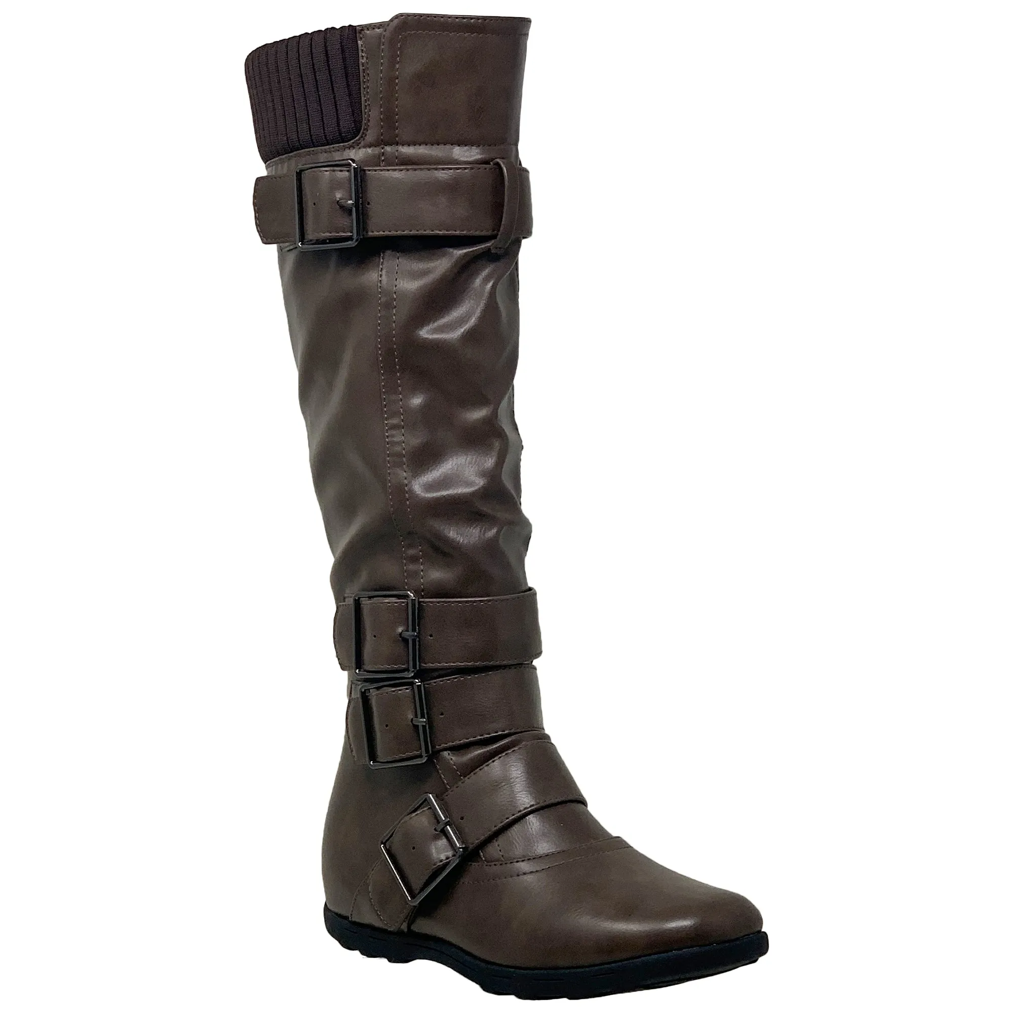 Generation Y Women's Knee High Boots Strappy Buckles Combat Taupe