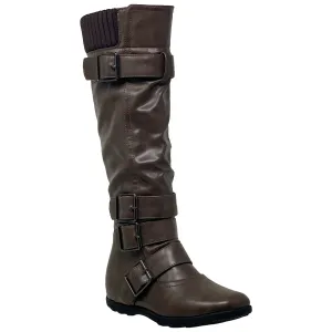 Generation Y Women's Knee High Boots Strappy Buckles Combat Taupe