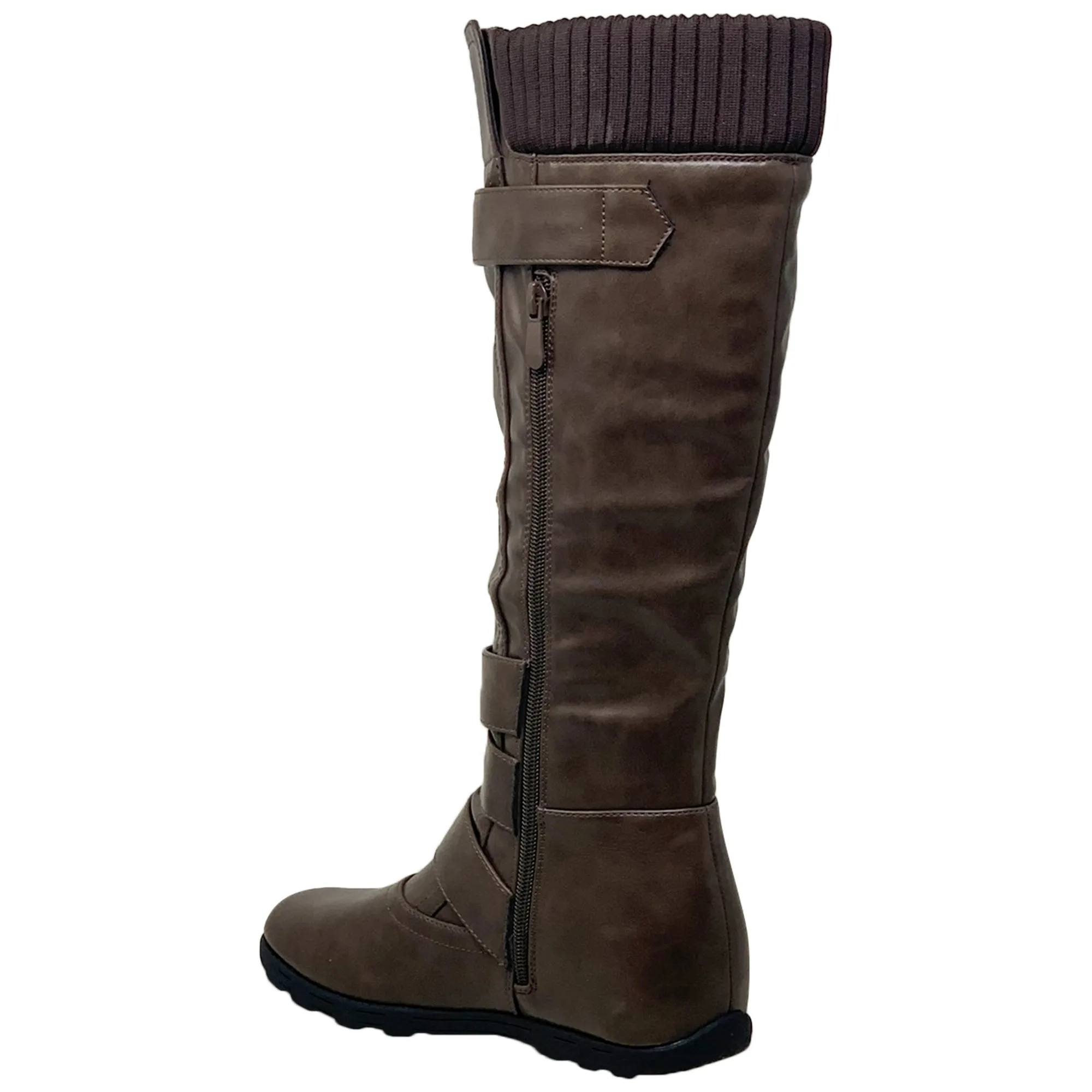 Generation Y Women's Knee High Boots Strappy Buckles Combat Taupe