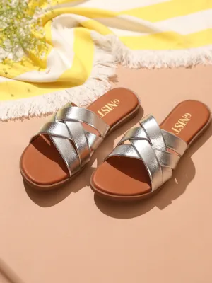 GNIST Comfy Strappy Slip on Silver Flats