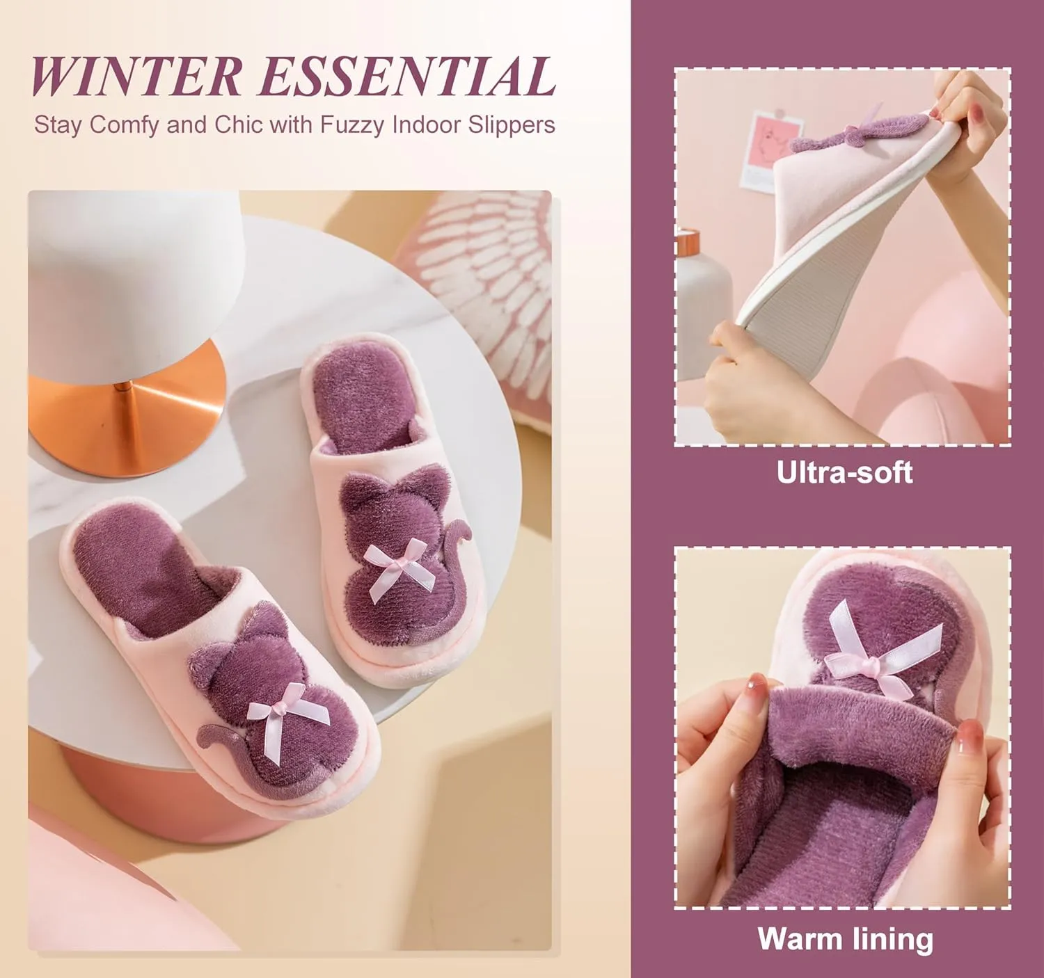 Indoor Winter Scuff Slippers for Women, Adorable Warm Slippers