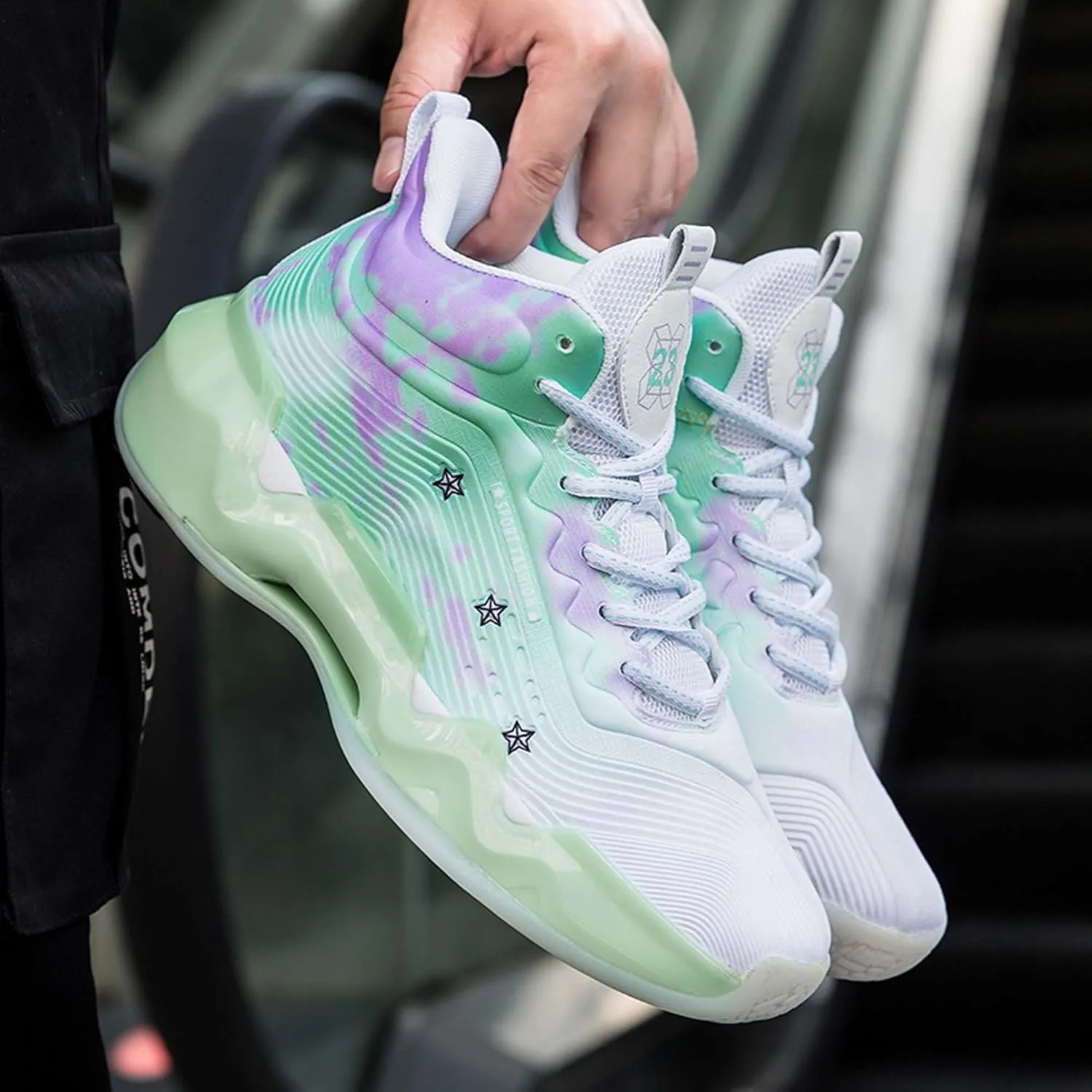Mens and Womens Mid Top Lace Up Basketball Sneakers Comfortable and Breathable Running Shoes Anti Slip and Wear Resistant Walking Shoes Couple Park Walking Shoes Fitness Training Shoes