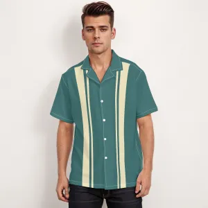 Men's Teal 60s Retro Style Vintage Bowling Shirt - Color Block Vintage Style Top