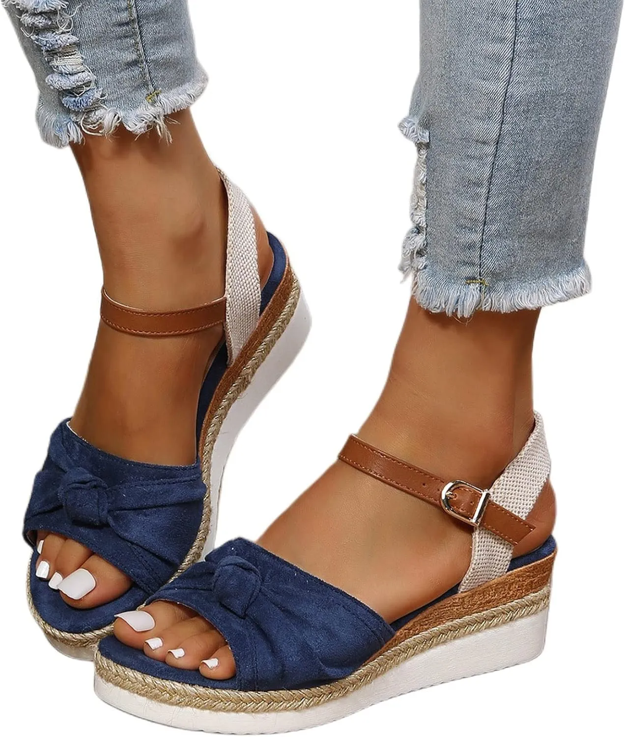 Orthopedic Platform Wedge Sandals for Women - Casual Summer Dressy 2025 Flat Tremdy Bow Tie Open Toe Ankle Strap Sandal Beach Boho Sandals Comfortable Outdoor Shoes