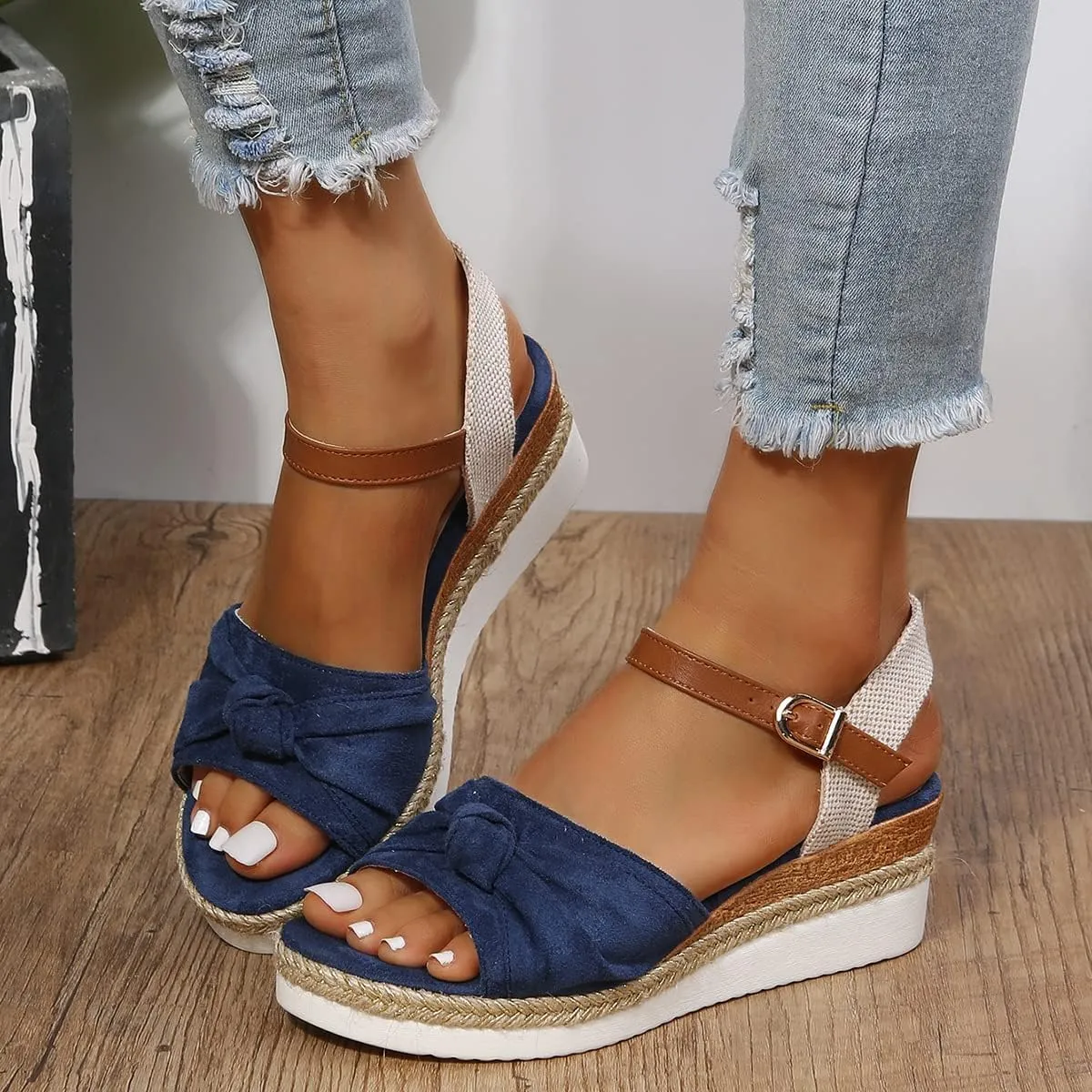 Orthopedic Platform Wedge Sandals for Women - Casual Summer Dressy 2025 Flat Tremdy Bow Tie Open Toe Ankle Strap Sandal Beach Boho Sandals Comfortable Outdoor Shoes