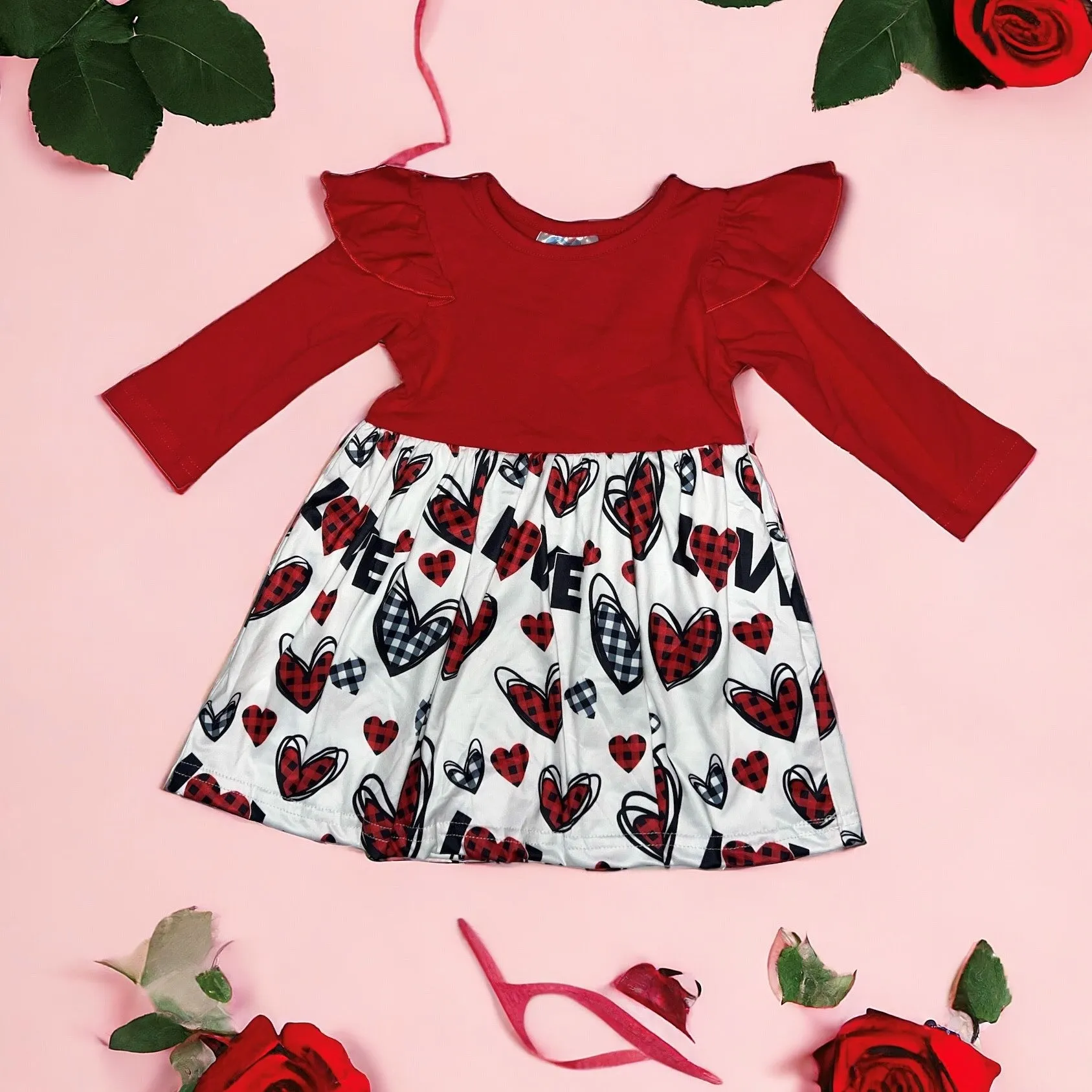 Red and Black Heart Valentine Ruffle Dress (2T-5T)