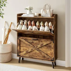 relaxed Farmhouse Shoe Cabinet with Barn Doors & 2 Flip Drawers, Wood Shoe Storage Rack Organizer Holds 16 Pairs Shoes for Entryway/Hallway/Closet, Brown
